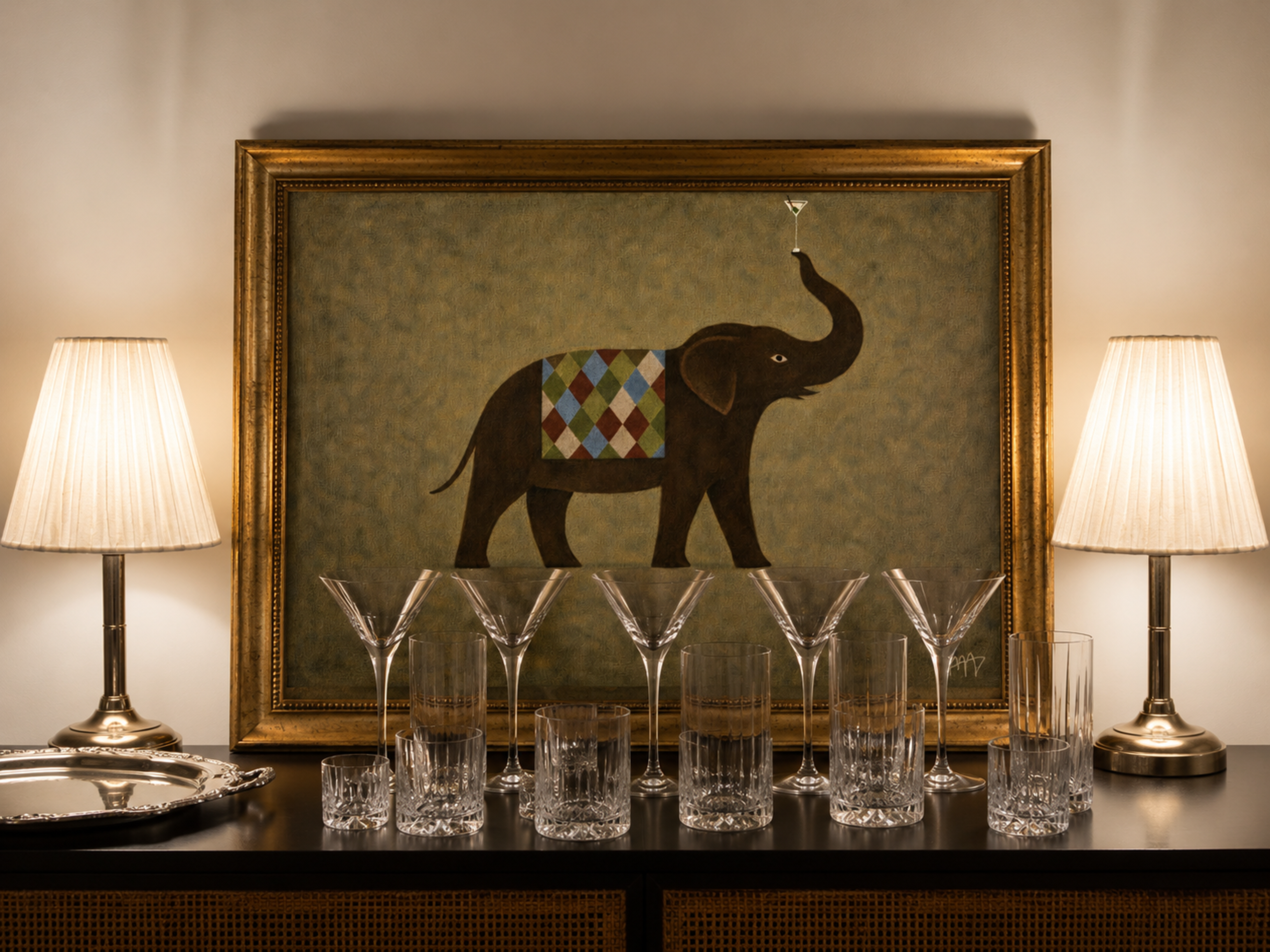 close up of a surreal elephant art print with a martini detail, in earthy khaki tones with a painterly texture. It is a hand drawn oil painting, figurative animal art. contemporary, mid century modern style