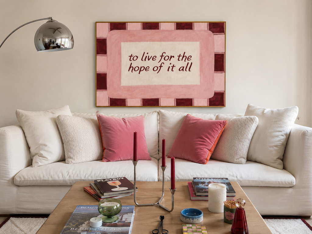 hand drawn Playful motivational bedroom typography Taylor Swift song lyrics print with the phrase "to live for the hope of it all" in pink and green, on textured oil painting canva, inspired by Taylor Swift song lyrics. This is a hand drawn trendy typography / sonf lyrics wall art print ideal for Taylor fans, above bed, bedrooms, dorm room decor, living rooms and kitchens, gallery walls and playful interiors.