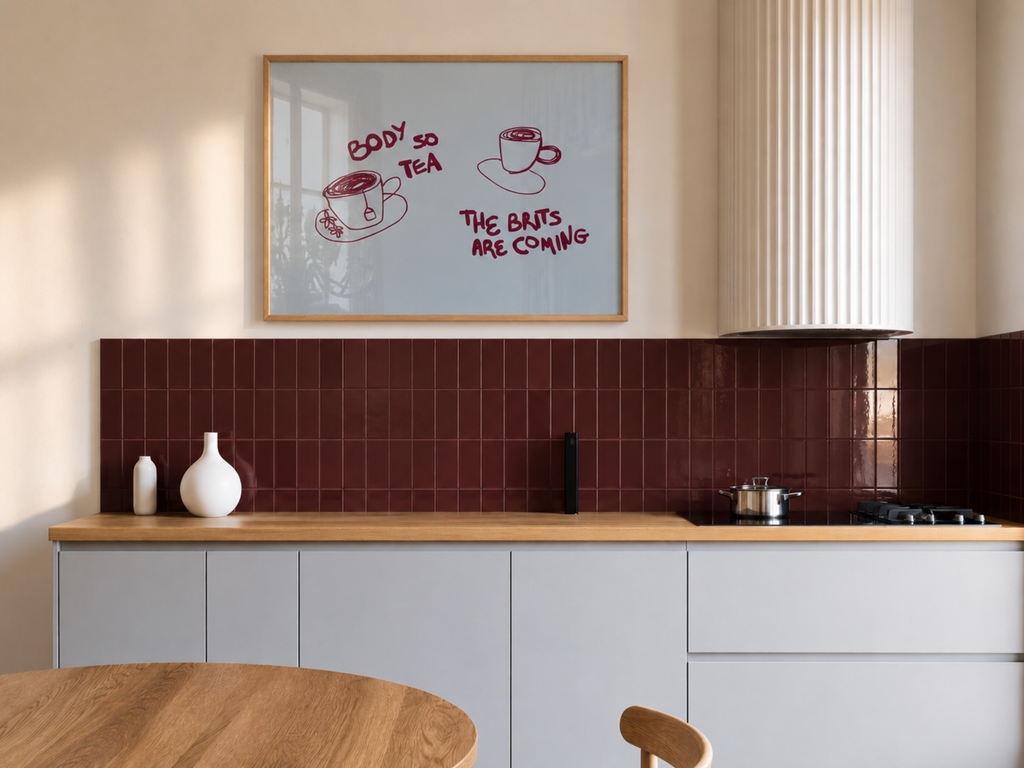 Body so tea the brits are coming is a humorous minimal typography wall art print, with two hand-drawn cups and playful whimsical handwritten lettering, adding charm, humour and effortless character to kitchens, breakfast nooks, dining spaces, coffee stations and tea corners, a conversation piece Inspired by café culture, slow mornings, blending contemporary minimalism with playful illustration