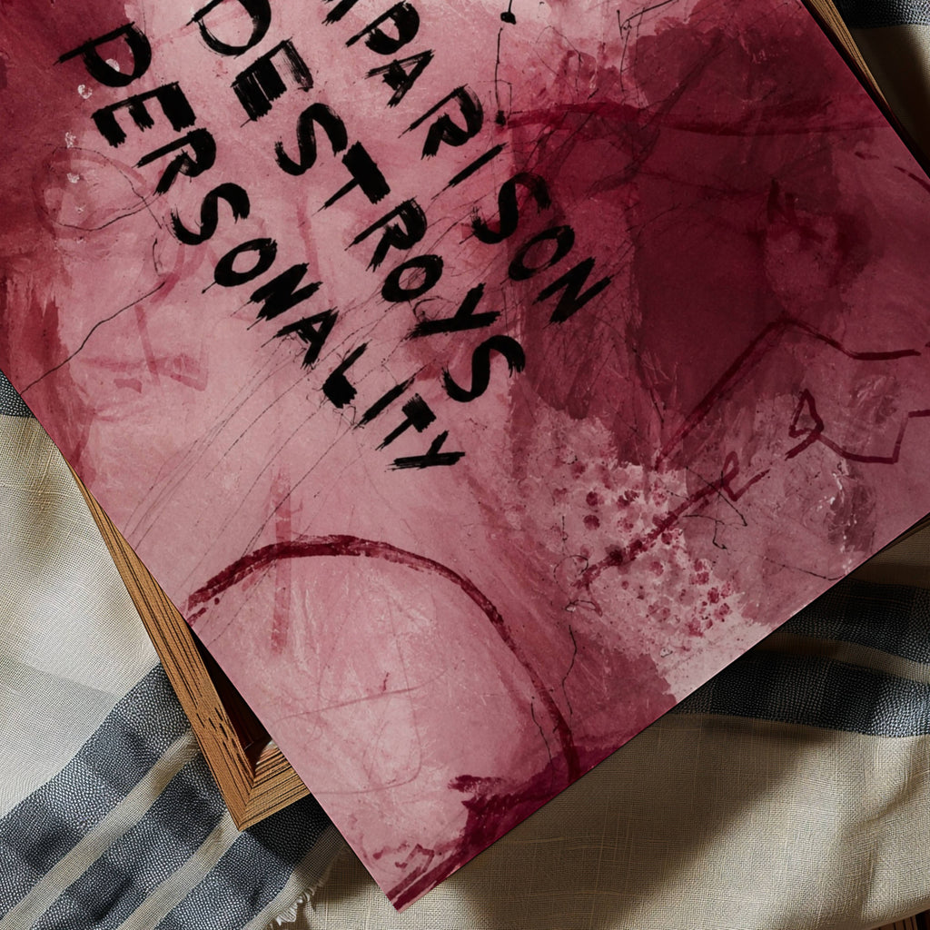 hand drawn Trendy typography abstract print with the motivational quote "COMPARISSON DESTROYS PERSONALITY" in a textured abstract painted canva in pink and ruby colors. This is a trendy grafitti style typography wall art print ideal for above bed, bedrooms, dorm room decor, living rooms and kitchens, gallery walls and playful interiors. The perfect Cool Girl Apartment decor