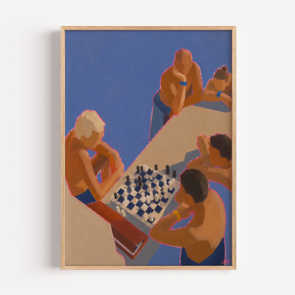 checkmate at the pool captures the quiet luxury of Mediterranean summers Inspired by long afternoons at iconic seaside clubs and elegant coastal escapes. The striking overhead composition, saturated cobalt blues and painterly brushstrokes create a contemporary piece that feels both nostalgic and modern. More than a chess game, it celebrates conversation, curiosity and the art of slowing down. for living room, study, beach house or modern gallery wall, Checkmate at the Pool brings a refined sense of coastal 