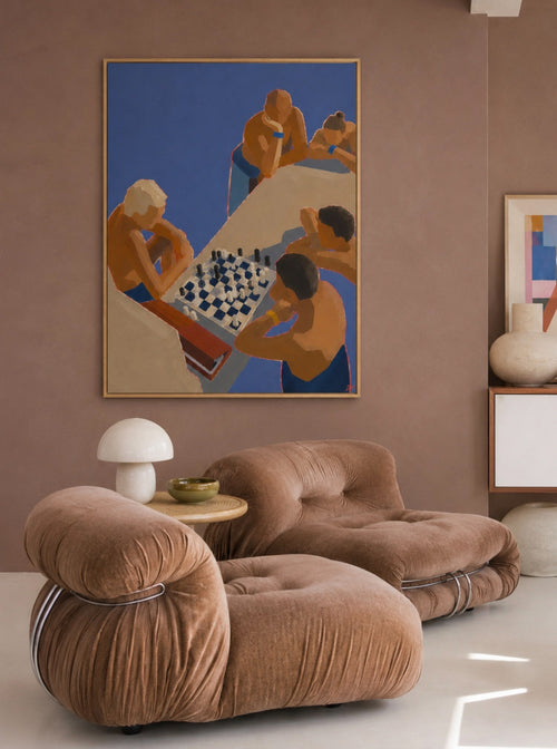checkmate at the pool captures the quiet luxury of Mediterranean summers Inspired by long afternoons at iconic seaside clubs and elegant coastal escapes. The striking overhead composition, saturated cobalt blues and painterly brushstrokes create a contemporary piece that feels both nostalgic and modern. More than a chess game, it celebrates conversation, curiosity and the art of slowing down. for living room, study, beach house or modern gallery wall, Checkmate at the Pool brings a refined sense of coastal 