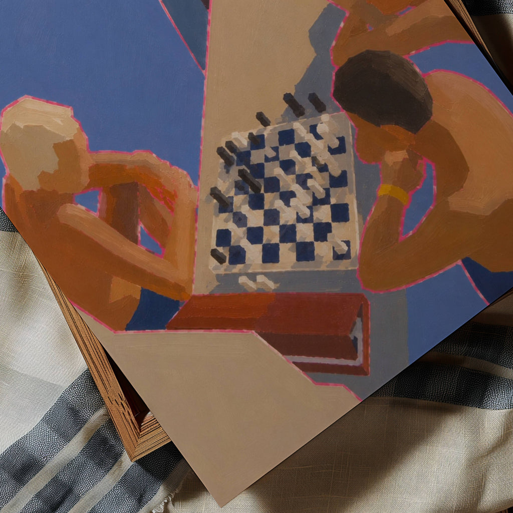 checkmate at the pool captures the quiet luxury of Mediterranean summers Inspired by long afternoons at iconic seaside clubs and elegant coastal escapes. The striking overhead composition, saturated cobalt blues and painterly brushstrokes create a contemporary piece that feels both nostalgic and modern. More than a chess game, it celebrates conversation, curiosity and the art of slowing down. for living room, study, beach house or modern gallery wall, Checkmate at the Pool brings a refined sense of coastal 