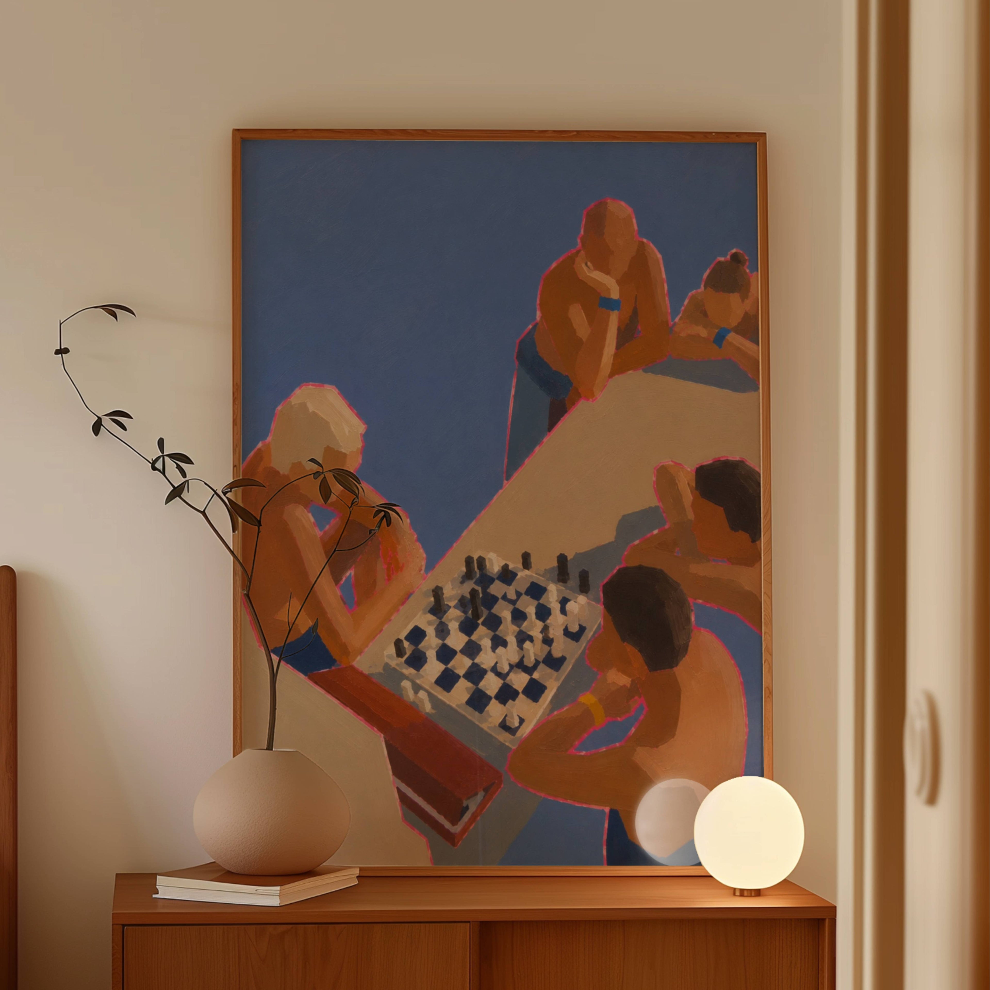 checkmate at the pool captures the quiet luxury of Mediterranean summers Inspired by long afternoons at iconic seaside clubs and elegant coastal escapes. The striking overhead composition, saturated cobalt blues and painterly brushstrokes create a contemporary piece that feels both nostalgic and modern. More than a chess game, it celebrates conversation, curiosity and the art of slowing down. for living room, study, beach house or modern gallery wall, Checkmate at the Pool brings a refined sense of coastal 