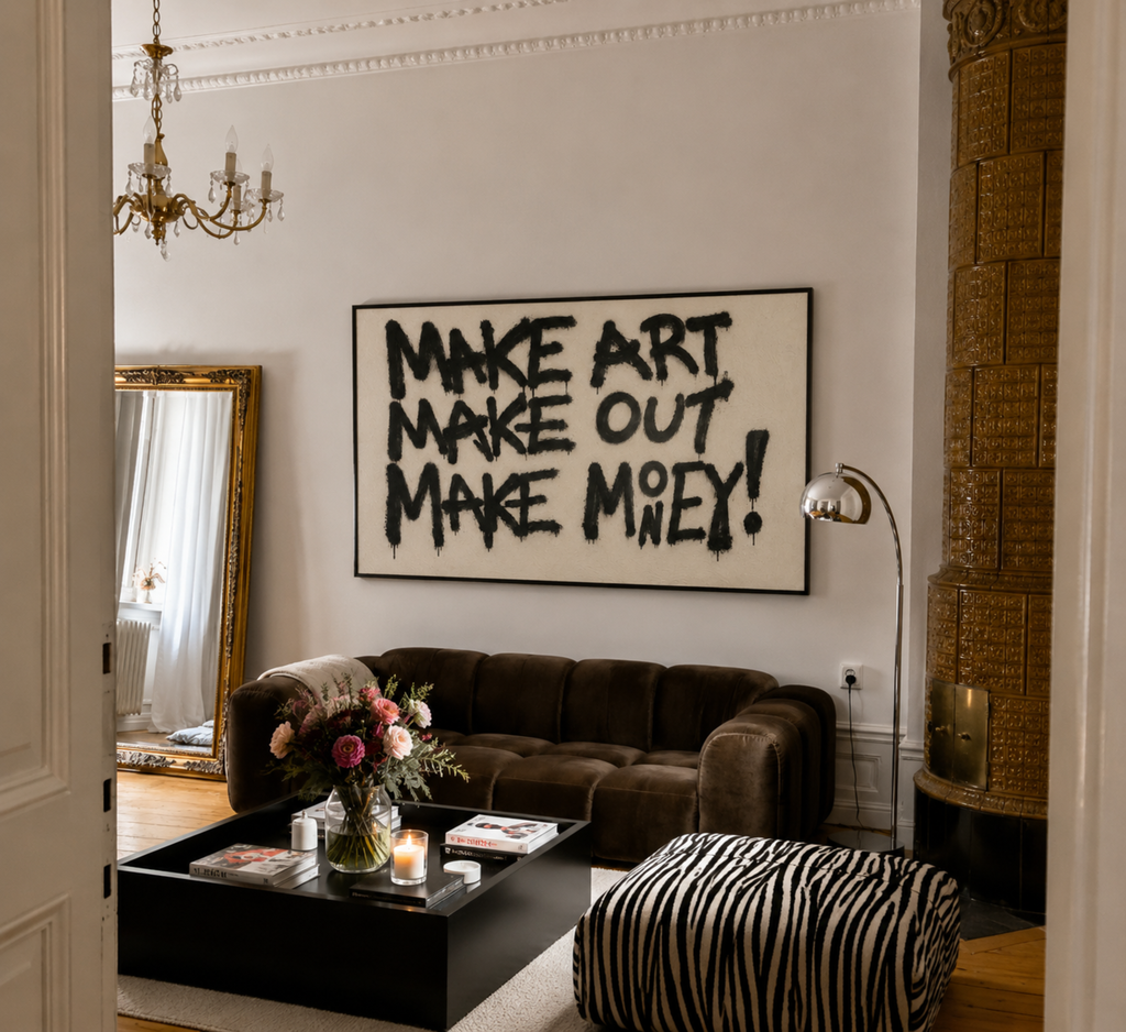 hand drawn trendy Motivational typography print in grafitti style with the quote "MAKE ART MAKE OUT MAKE MONEY" in a textured neutral canva. This is a trendy minimalist typography wall art print ideal for above bed, bedrooms, dorm room decor, living rooms and kitchens, gallery walls and playful interiors. The perfect Cool Girl Apartment decor