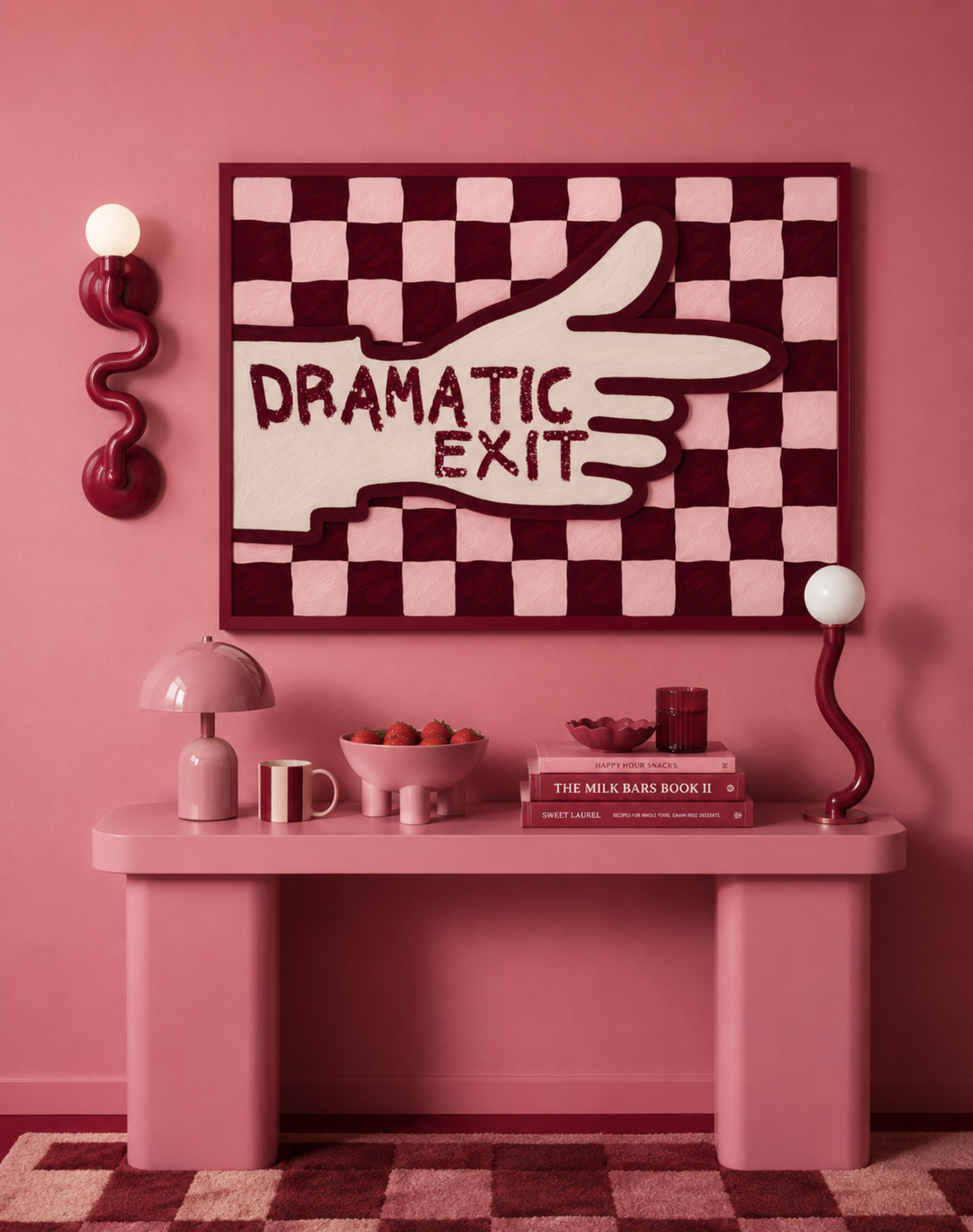 hand drawn Playful typography print with the phrase "Dramatic Exit" on a retro checkerboard pattern in pink and burgundy, on textured oil painting canva. This is a hand drawn trendy typography wall art print ideal for hallway, entryway, living rooms, dorm room decor, gallery walls and playful interiors.