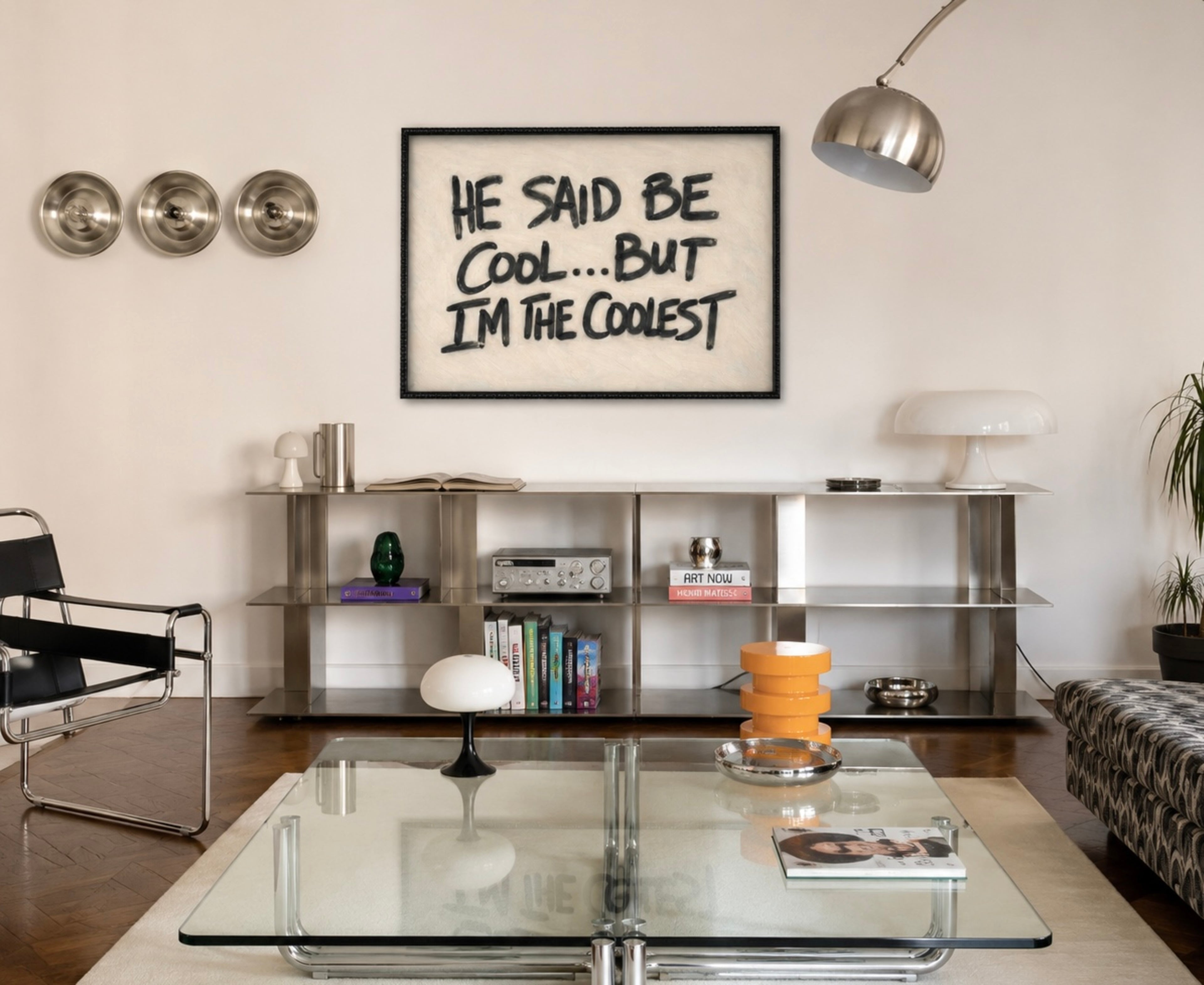 hand drawn Grafitti style trendy typography print with the phrase "HE SAID BE COOL... BUT I AM THE COOLEST" in a textured neutral canva. This is a trendy minimalist typography wall art print ideal for above bed, bedrooms, dorm room decor, living rooms and kitchens, gallery walls and playful interiors. The perfect Cool Girl Apartment decor