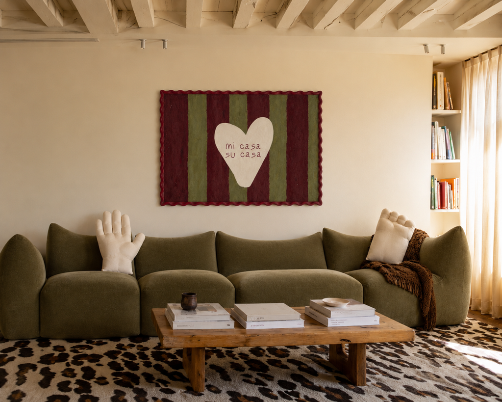hand drawn Playful typography print with the phrase "mi casa su casa" in striped burgundy and blue, on textured oil painting canva. This is a hand drawn trendy typography wall art print ideal for above bed, bedrooms, dorm room decor, living rooms and kitchens, gallery walls and playful interiors.