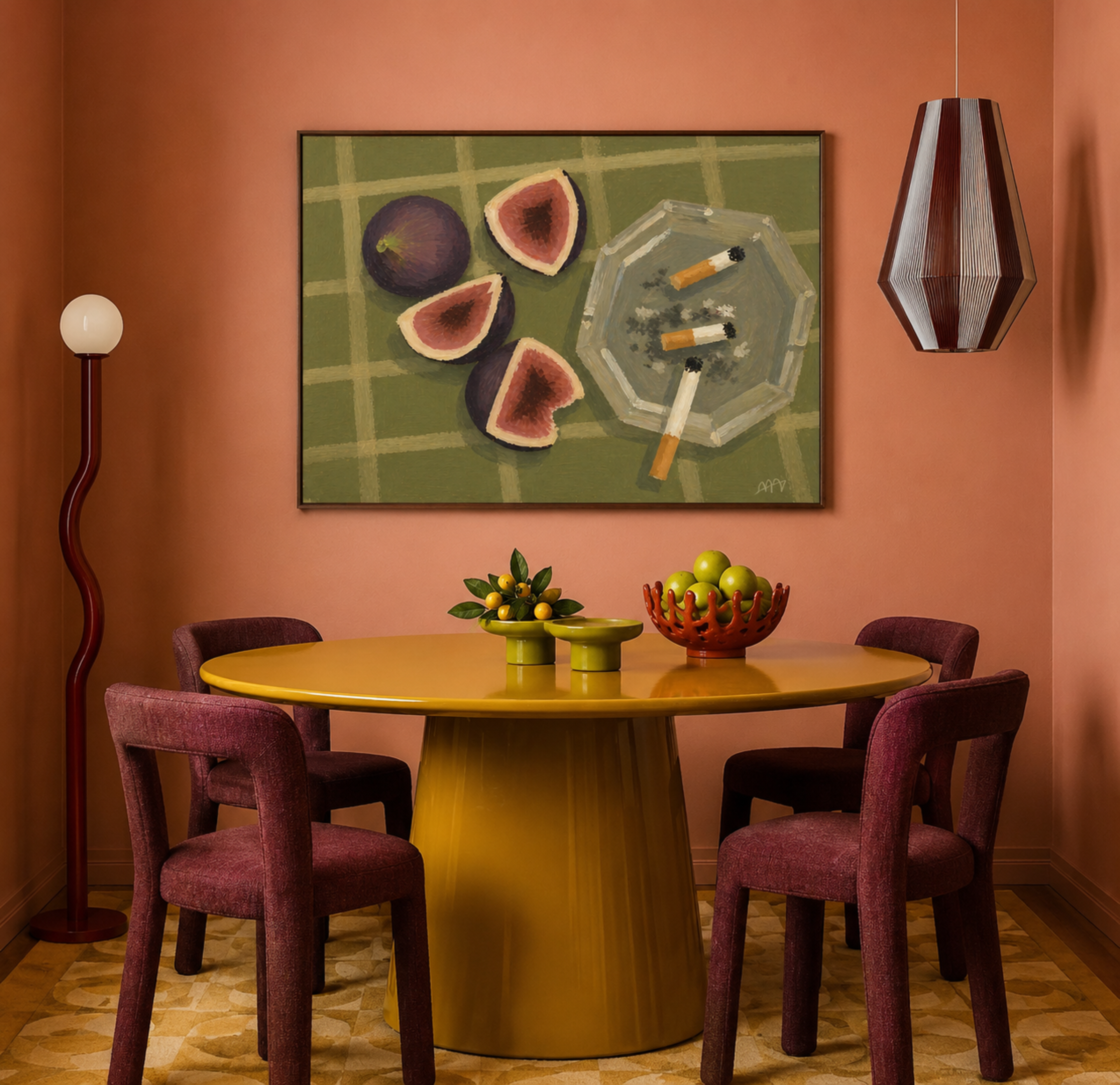 figs and cigarettes contemporary still life Kitchen wall art with hand drawn ripe figs and ashtray illustrations on a khaki background, with expressive painterly texture and nostalgic atmosphere. This is a hand drawn still life table Oil Painting kitchen and bar cart art Print decor for playful kitchens, dining spaces and eclectic interiors.