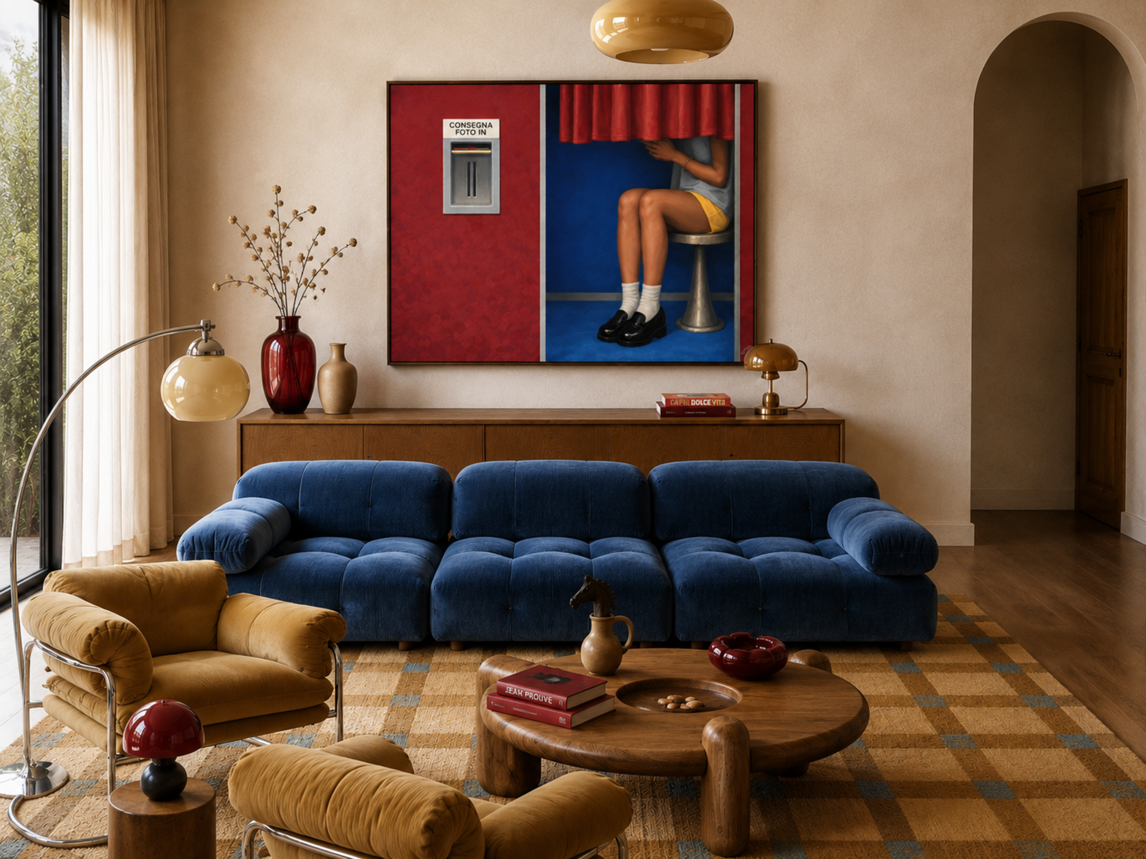 Italian Photobooth is a hand painted Contemporary and figurative wall art of a person seated inside a vintage photobooth with vintage shoes and a red curtain in a nostalgic mid century inspired scene, against a red and blue background with expressive painterly texture. Minimalist Mid century modern oil painting in cinematic nostalgia composition.