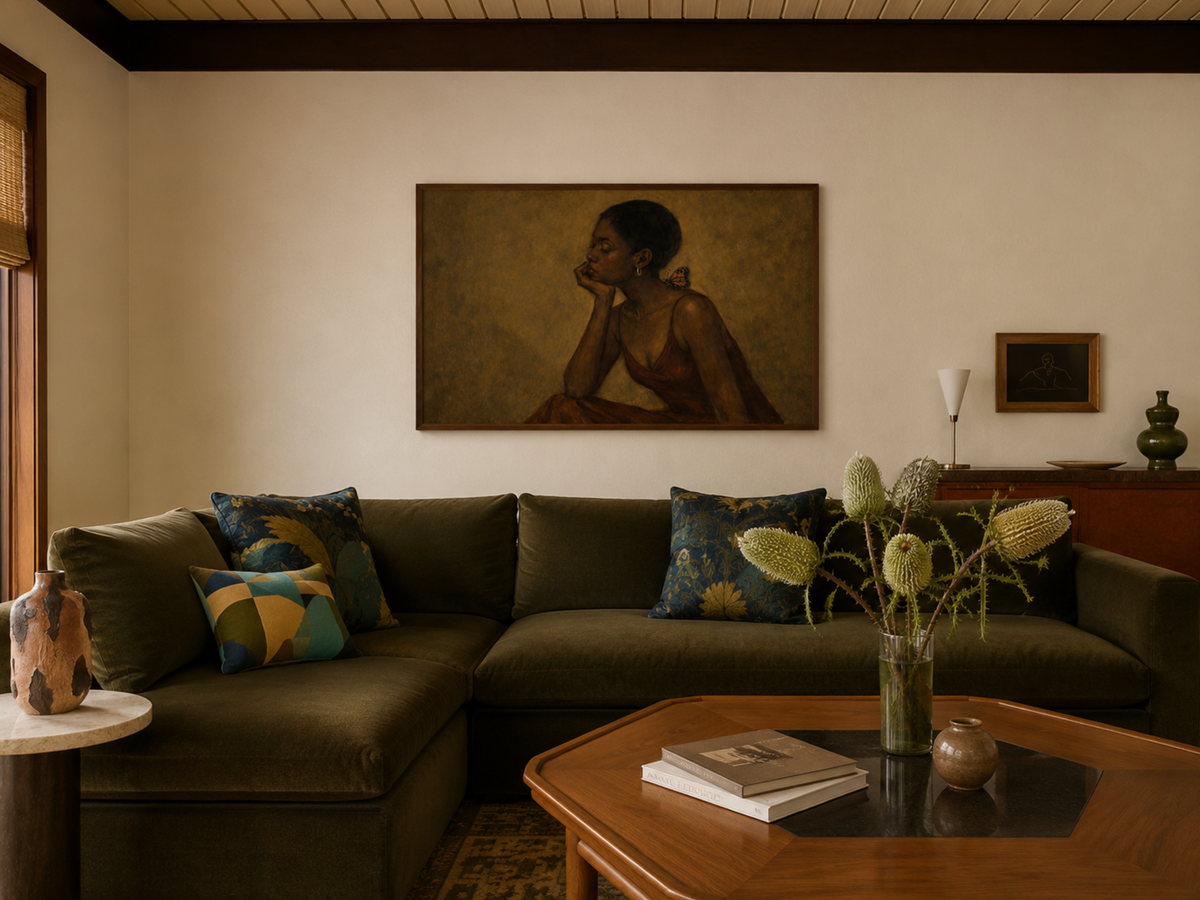 A framed art print depicting a seated woman in warm earthy tones, displayed on a beige wall above a dark olive green sectional sofa in a styled living room.