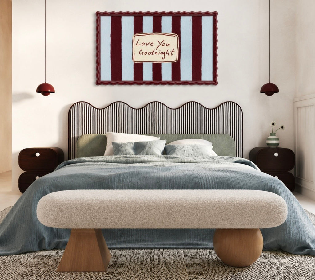 hand drawn Playful typography print with the phrase "Love You Goodnight" on a retro burgundy striped background, on textured oil painting canva. This is a hand drawn trendy typography wall art print ideal for bedrooms, dorm room decor, gallery walls and playful interiors.