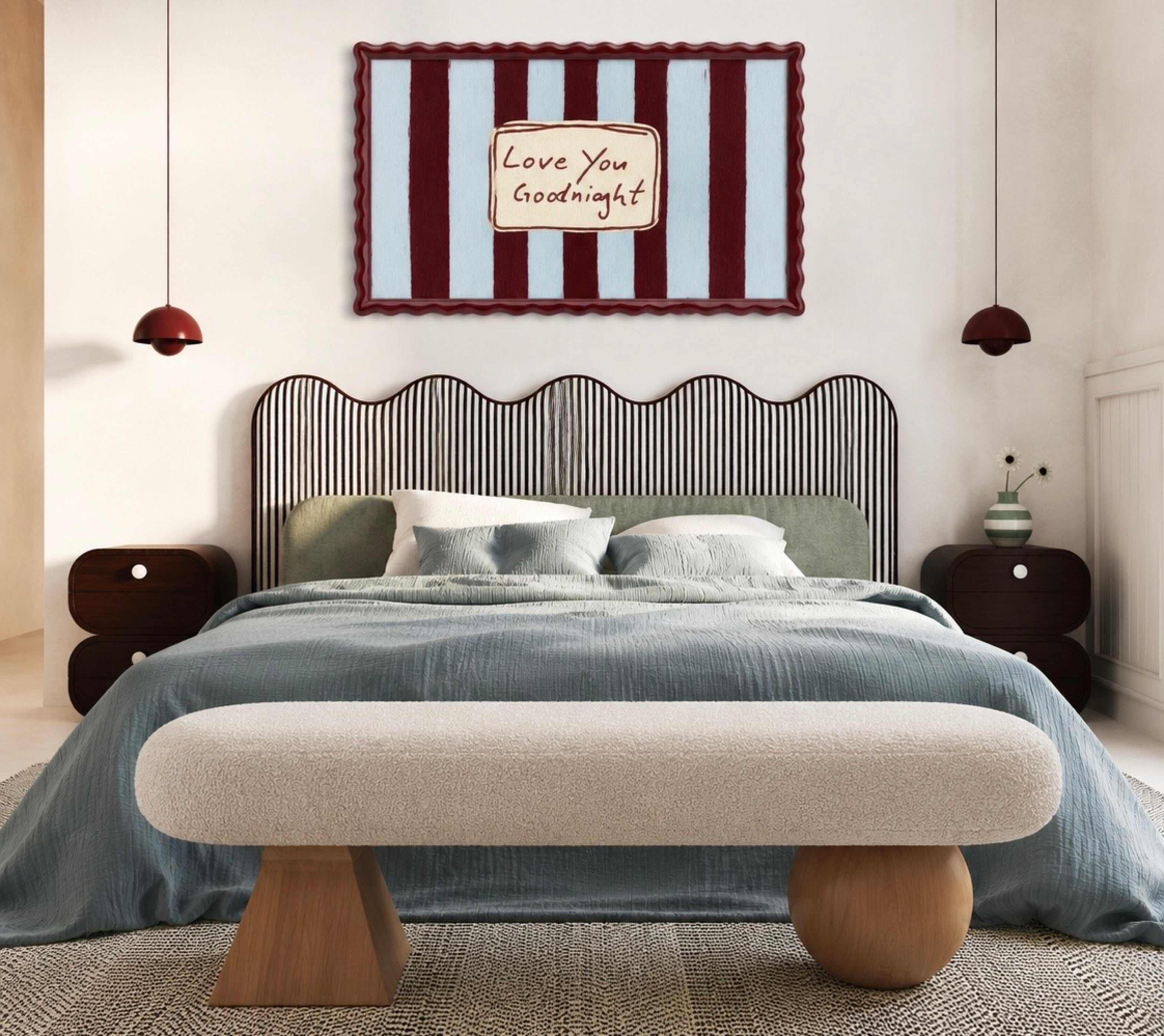 hand drawn Playful typography print with the phrase "Love You Goodnight" on a retro burgundy striped background, on textured oil painting canva. This is a hand drawn trendy typography wall art print ideal for bedrooms, dorm room decor, gallery walls and playful interiors.