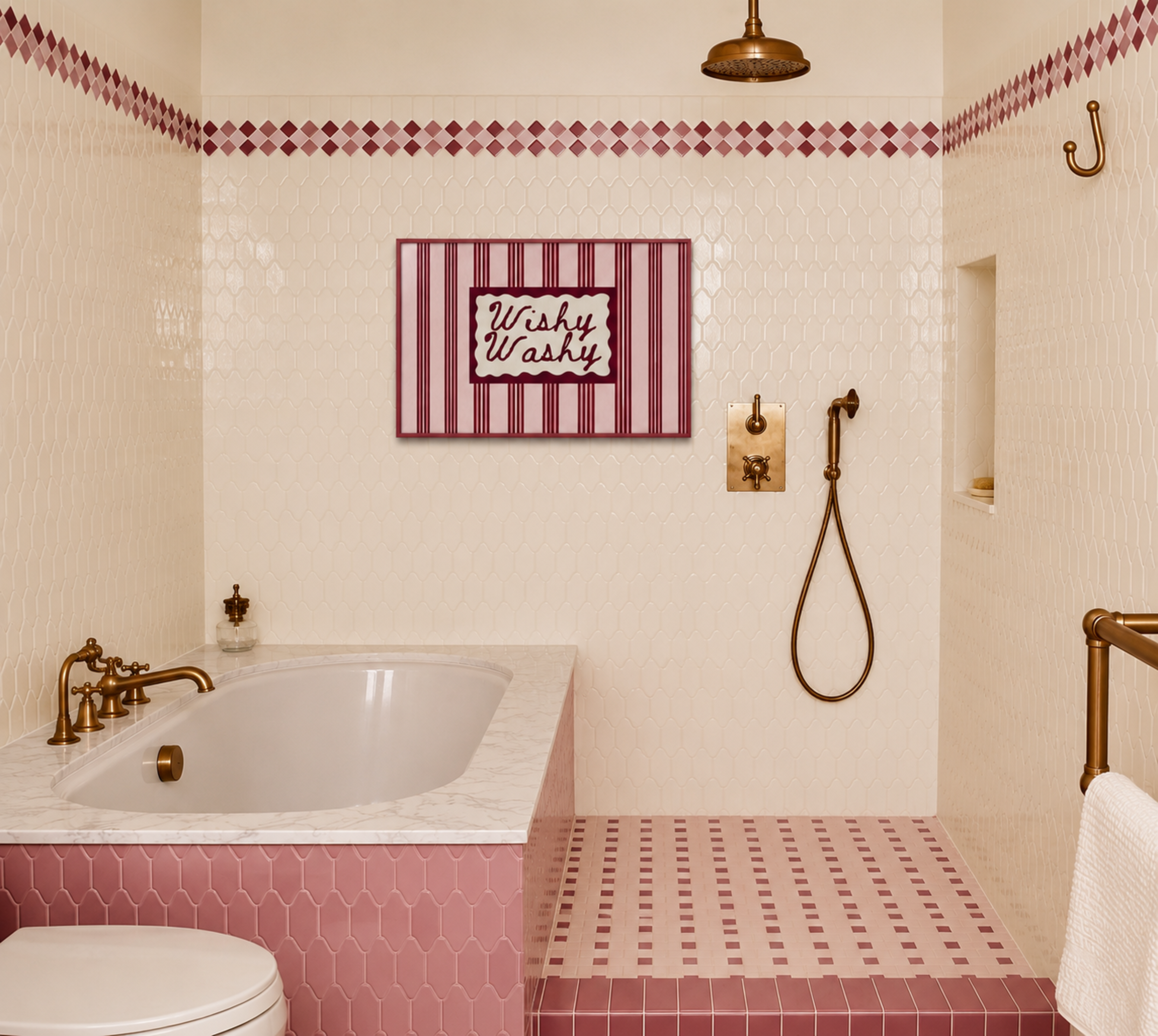 Wishy Washy is a whimsical Retro typography art print designed to bring humour, colour and personality into your bathroom and laundry room. Featuring vintage-inspired striped patterns and hand-lettered typography, this artwork captures the nostalgic charm of classic bath-time phrases while adding a playful decorative touch to modern interiors. this is a hand drawn Retro quote wall art featuring, ideal for bathrooms, laundry room decor, and cheeky playful interiors. green burgundy