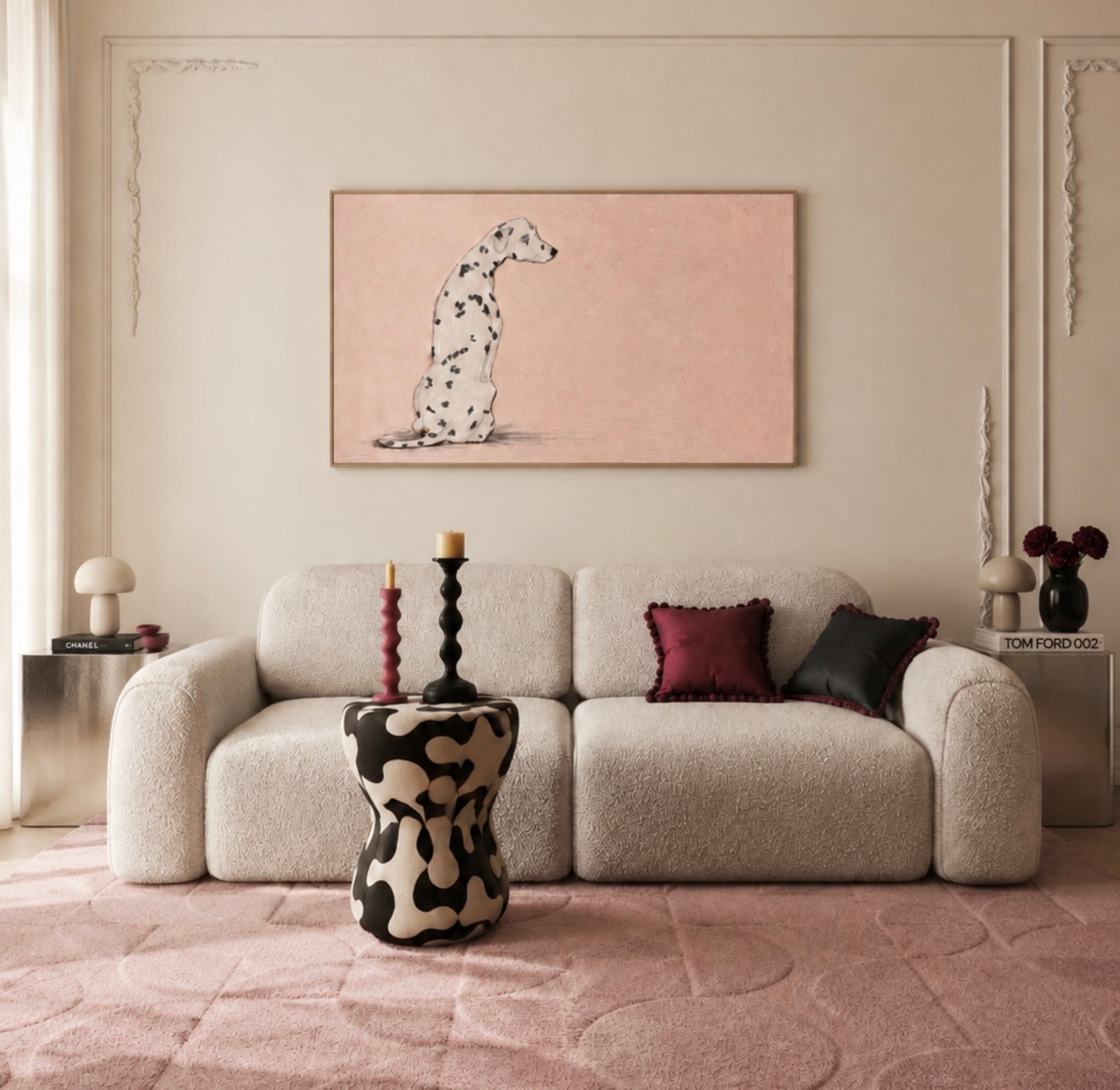 the spotty one is a hand painted Minimalist Contemporary wall art print of a dalmatian dog sitting against a pink background, inspired by quiet luxury interiors with expressive painterly texture. Minimalist Mid century modern dalmatian dog oil painting in cinematic nostalgia composition.