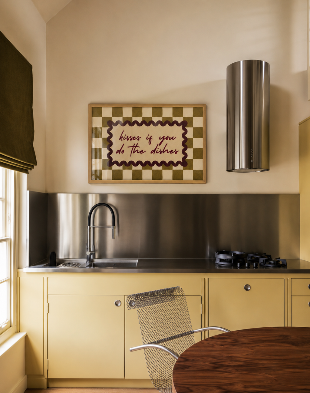 Playful Kitchen Funny Typography wall art with Handwritten quote "Kisses if you do the dishes" on a retro checkered - checkerboard pattern in burgundy tones. This is a hand drawn Oil Painting kitchen art Print decor.