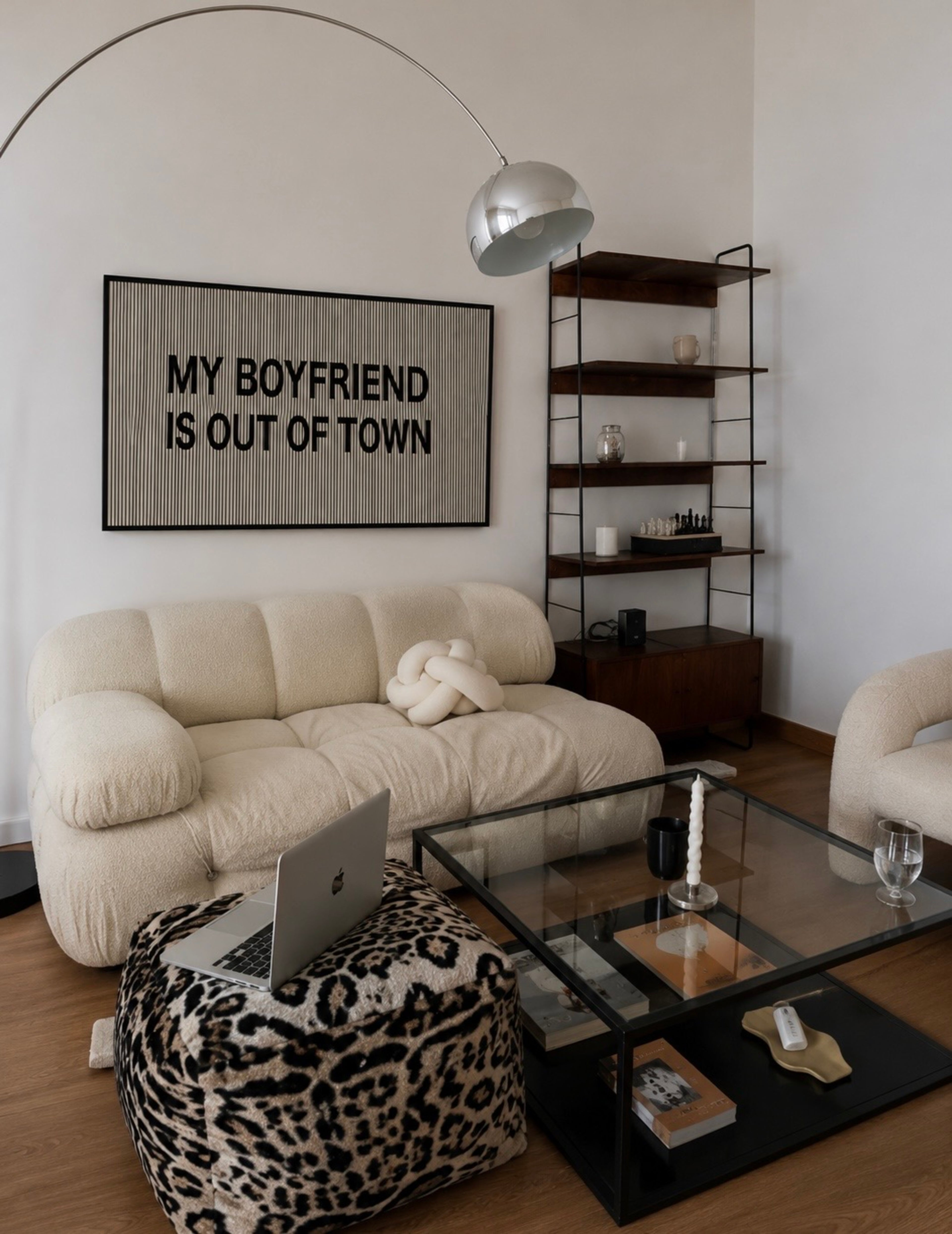 hand drawn Playful Funny typography print with the phrase "MY BOYFRIEND IS OUT OF TOWN" in a retro striped neutral canva. This is a trendy funny typography wall art print ideal for above bed, bedrooms, dorm room decor, living rooms and kitchens, gallery walls and playful interiors. The perfect Cool Girl Apartment decor