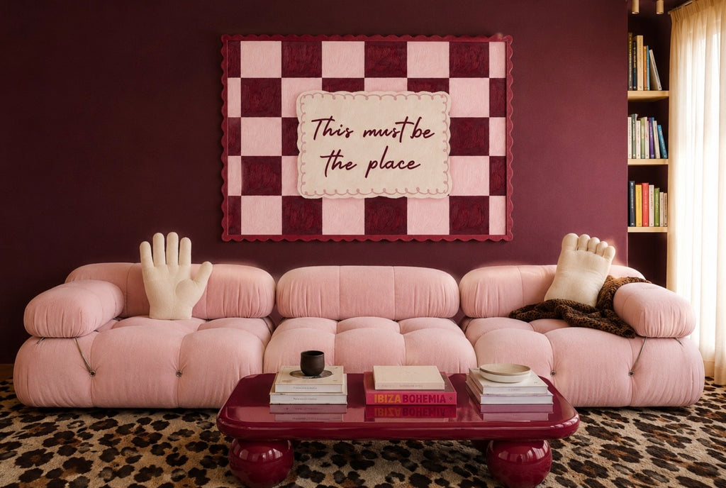 hand drawn Playful typography print with the phrase "this must be the place" in a retro checkerboard dark green, on textured oil painting canva. This is a hand drawn trendy typography ideal for above bed, bedrooms, dorm room decor, living rooms and kitchens, gallery walls and playful interiors.