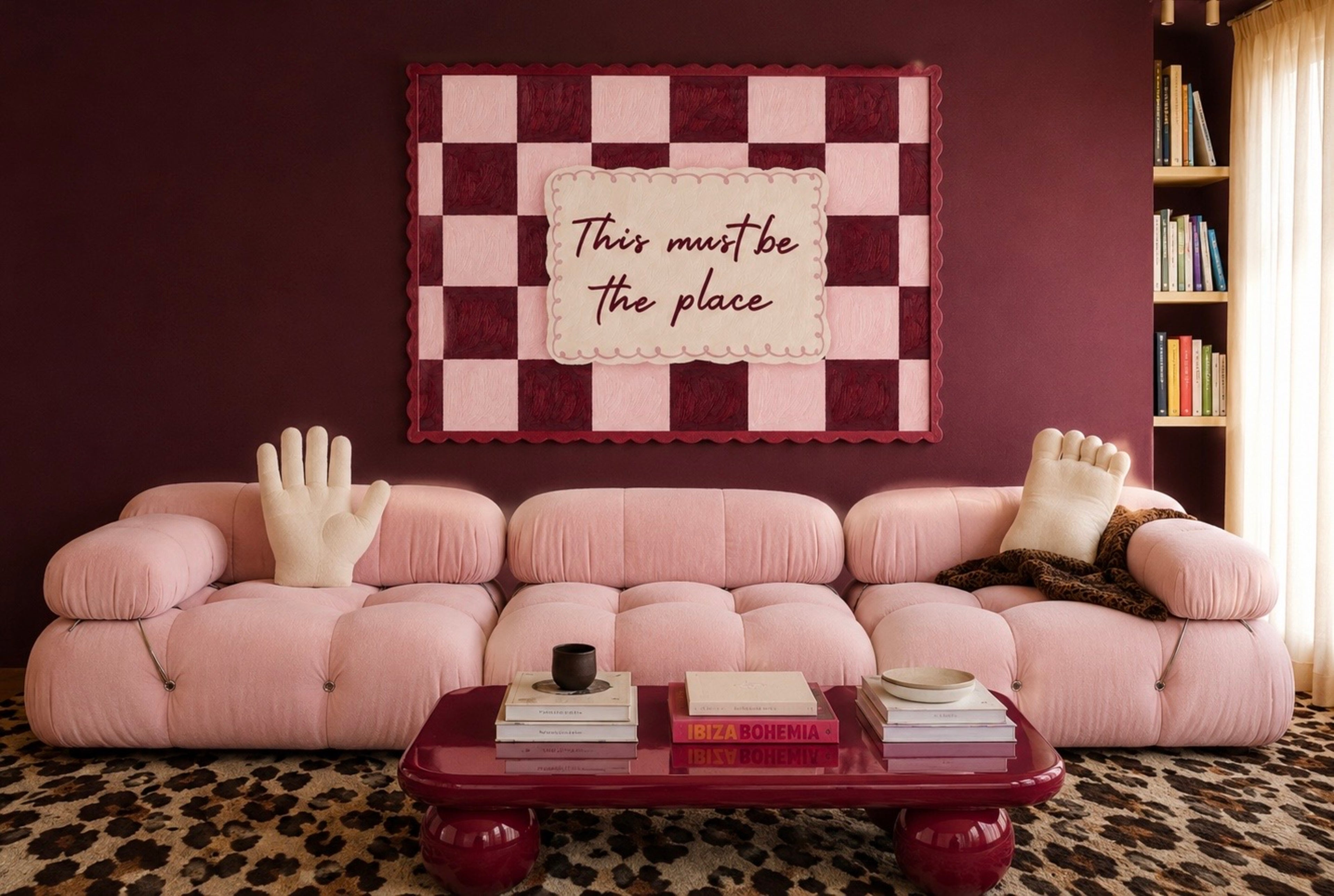 hand drawn Playful typography print with the phrase "this must be the place" in a retro checkerboard dark green, on textured oil painting canva. This is a hand drawn trendy typography ideal for above bed, bedrooms, dorm room decor, living rooms and kitchens, gallery walls and playful interiors.