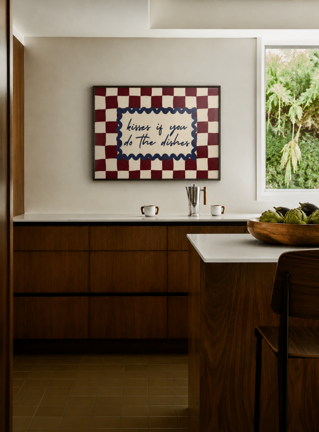 Playful Kitchen Funny Typography wall art with Handwritten quote "Kisses if you do the dishes" on a retro checkered - checkerboard pattern in burgundy tones. This is a hand drawn Oil Painting kitchen art Print decor.