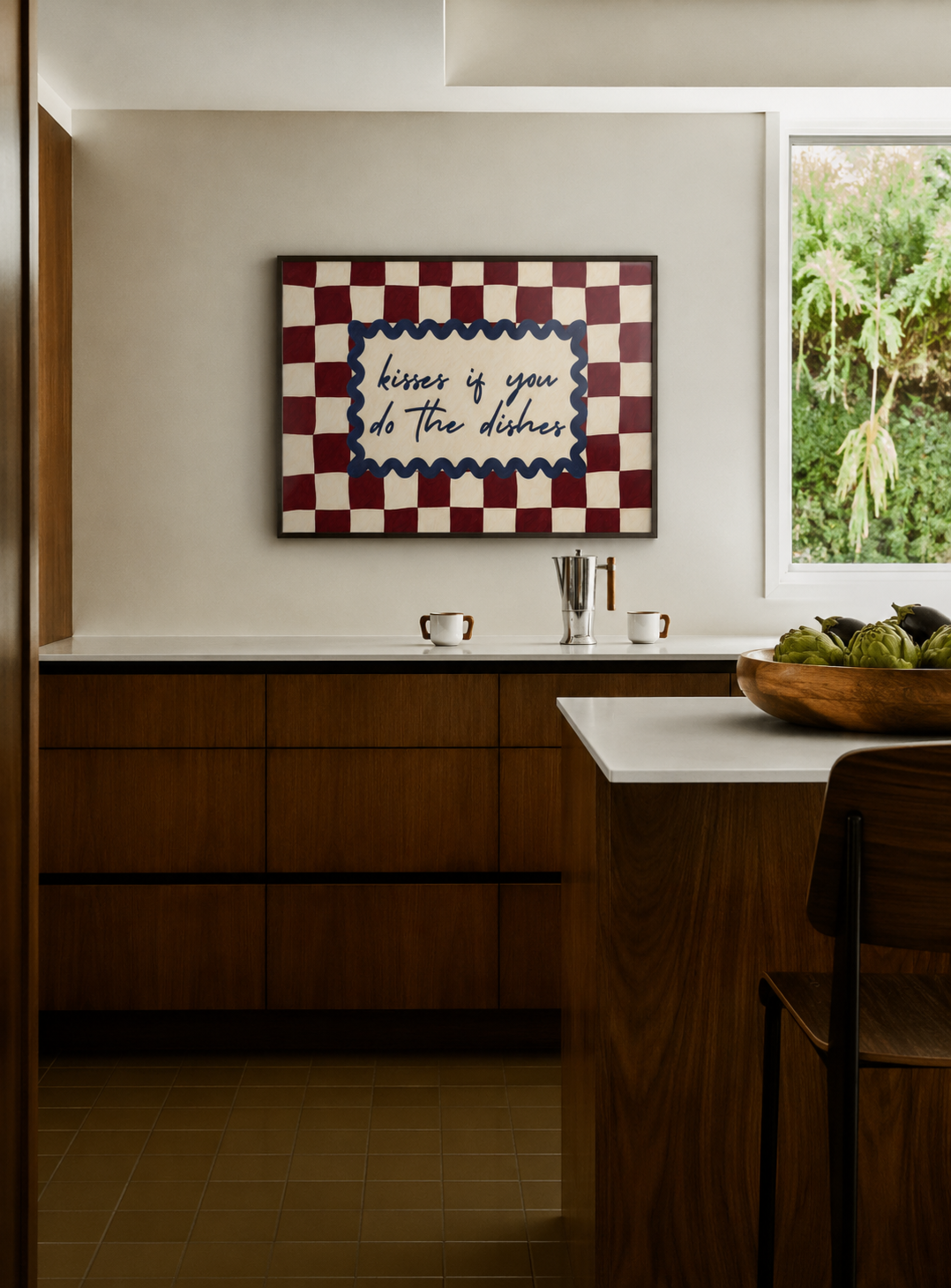Playful Kitchen Funny Typography wall art with Handwritten quote "Kisses if you do the dishes" on a retro checkered - checkerboard pattern in burgundy tones. This is a hand drawn Oil Painting kitchen art Print decor.