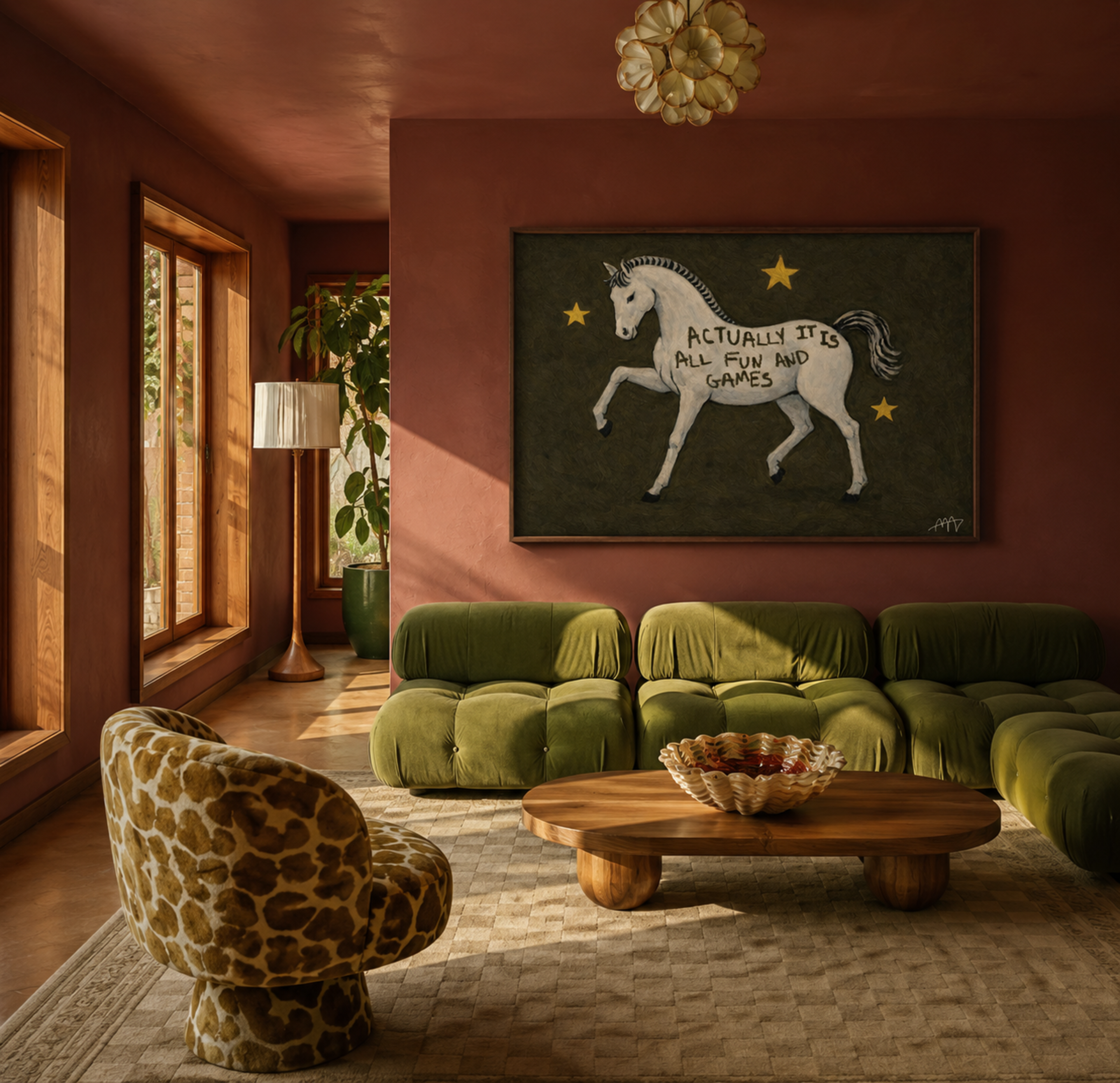 A surreal Symbolic artwork featuring a White Horse running against a pale blue background with Burgundy stars. The Horse has handwritten quote "Actually It Is All Fun and Games". This is a hand drawn Contemporary Folk art Print Oil Painting.