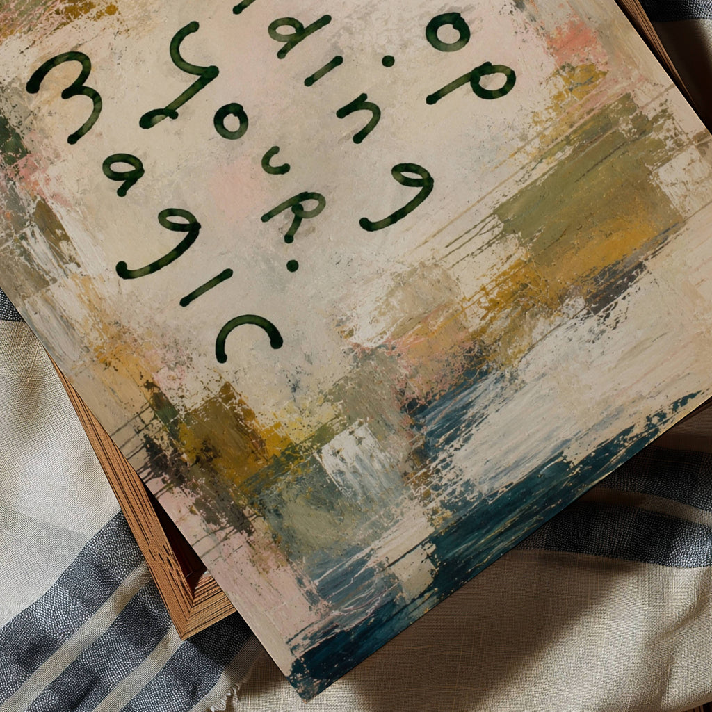 hand drawn Trendy typography abstract print with the motivational quote "DONT STOP HIDING YOUR MAGIC" in a textured abstract painted canva with brush strokes in olive green khaki colors. This is a trendy minimal typography wall art print ideal for above bed, bedrooms, dorm room decor, living rooms and kitchens, gallery walls and playful interiors. The perfect Cool Girl Apartment decor