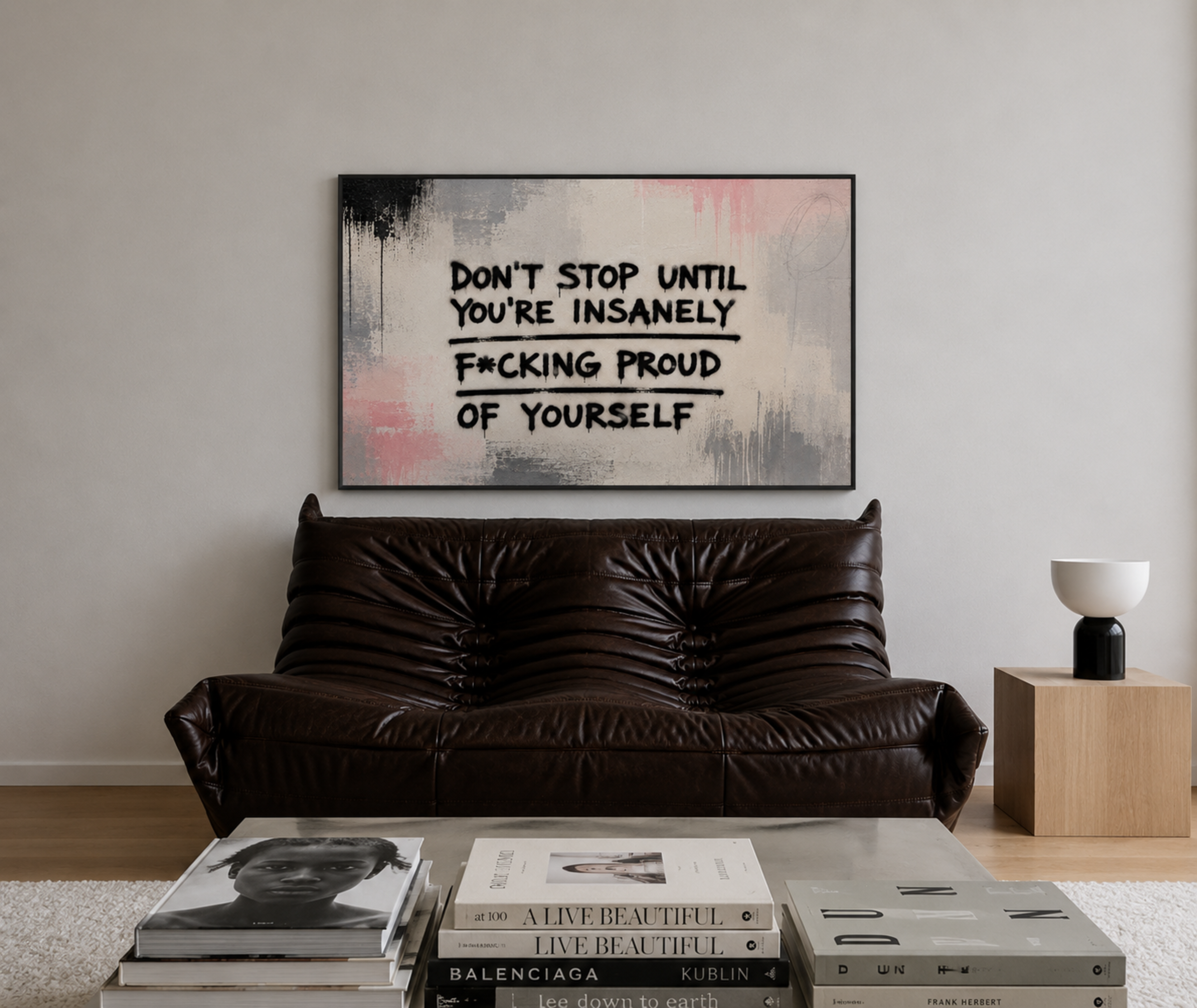hand drawn Trendy typography abstract print with the motivational quote "DONT STOP UNTIL YOU ARE INSANELY PROUD OF YOURSELF" in a textured abstract painted canva in pink and grey colors. This is a trendy grafitti style typography wall art print ideal for above bed, bedrooms, dorm room decor, living rooms and kitchens, gallery walls and playful interiors. The perfect Cool Girl Apartment decor