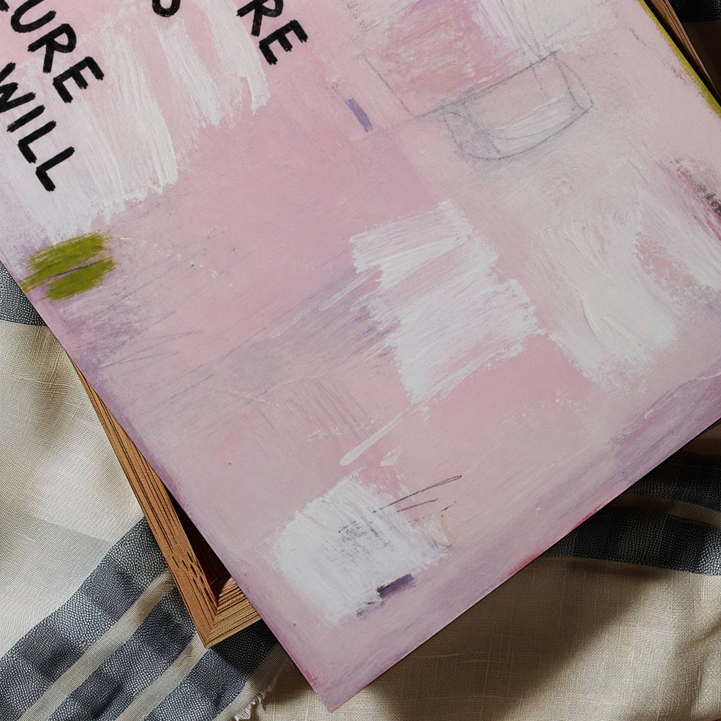 hand drawn Trendy typography abstract print with the motivational quote "DOUBT KILLS MORE DREAMS THAN FAILURE EVER WILL" in a textured abstract painted canva with brush strokes in pink colors. This is a trendy minimal typography wall art print ideal for above bed, bedrooms, dorm room decor, living rooms and kitchens, gallery walls and playful interiors. The perfect Cool Girl Apartment decor