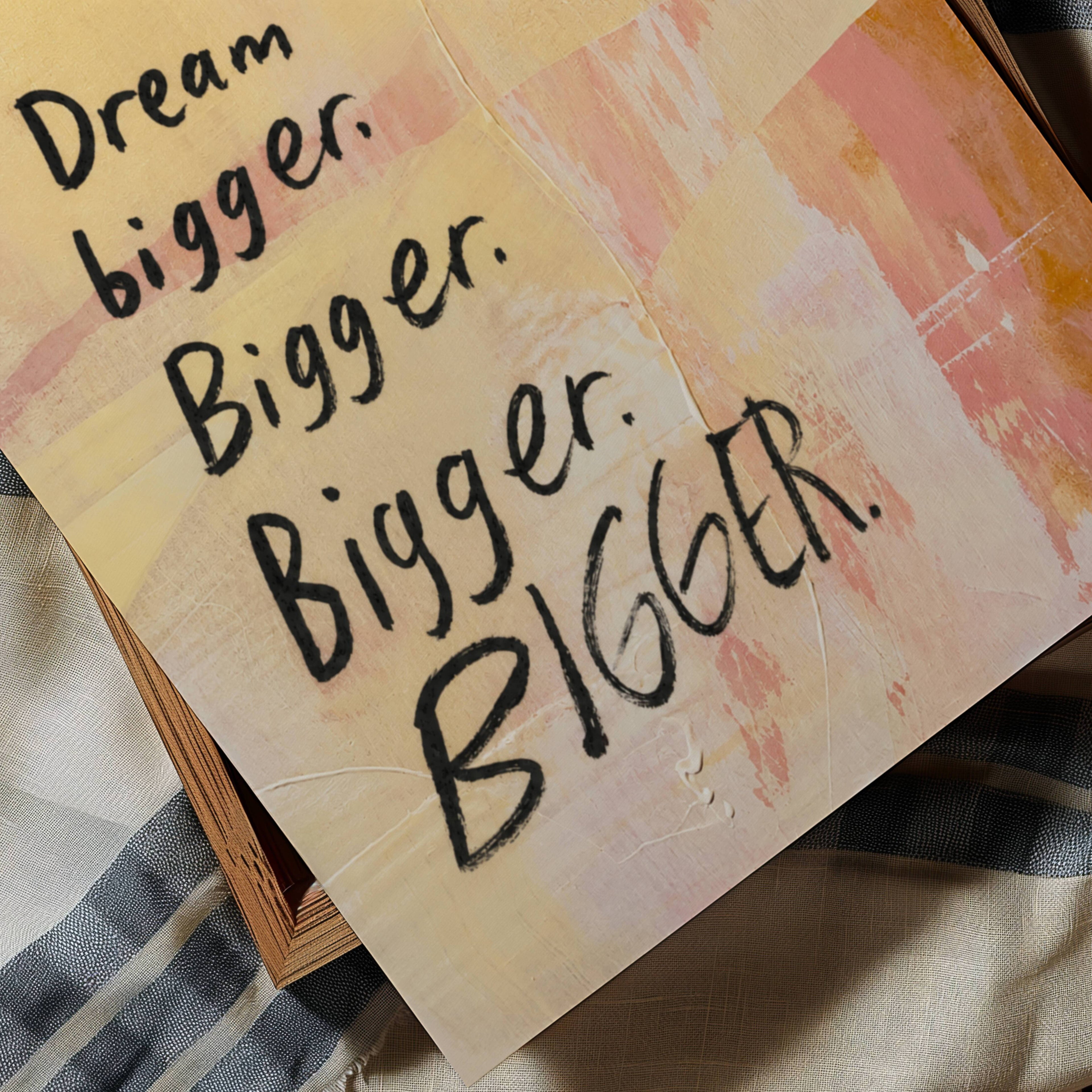hand drawn Trendy typography abstract print with the motivational quote "DREAM BIGGER BIGGER BIGGER" in a textured abstract painted canva with brush strokes in pink and coral colors. This is a trendy minimal typography wall art print ideal for above bed, bedrooms, dorm room decor, living rooms and kitchens, gallery walls and playful interiors. The perfect Cool Girl Apartment decor