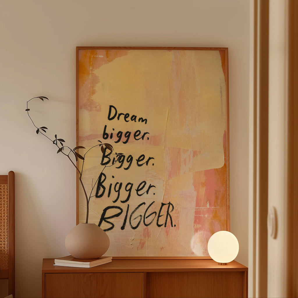 hand drawn Trendy typography abstract print with the motivational quote "DREAM BIGGER BIGGER BIGGER" in a textured abstract painted canva with brush strokes in pink and coral colors. This is a trendy minimal typography wall art print ideal for above bed, bedrooms, dorm room decor, living rooms and kitchens, gallery walls and playful interiors. The perfect Cool Girl Apartment decor