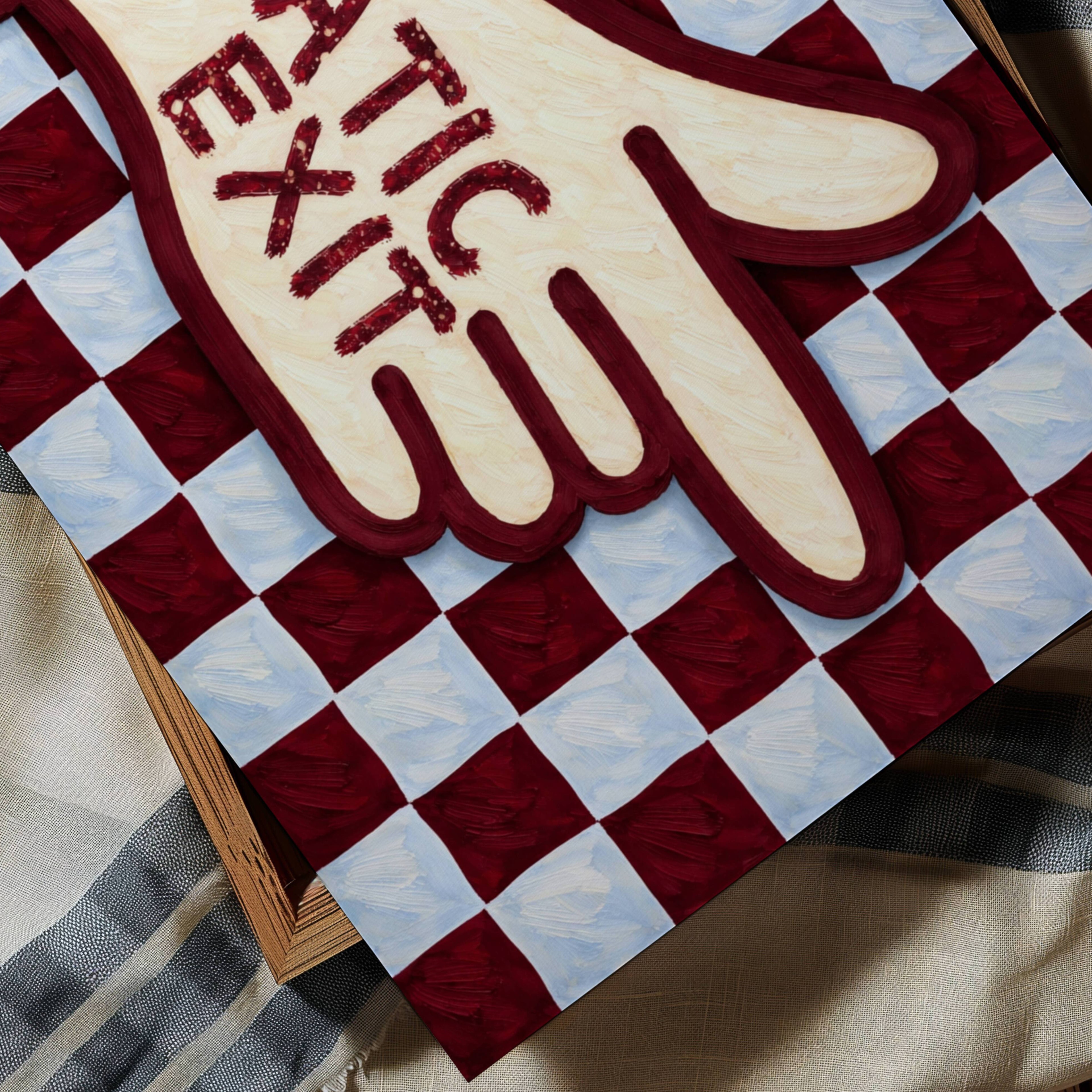 hand drawn Playful typography print with the phrase "Dramatic Exit" on a retro checkerboard pattern in blue and burgundy, on textured oil painting canva. This is a hand drawn trendy typography wall art print ideal for hallway, entryway, living rooms, dorm room decor, gallery walls and playful interiors.