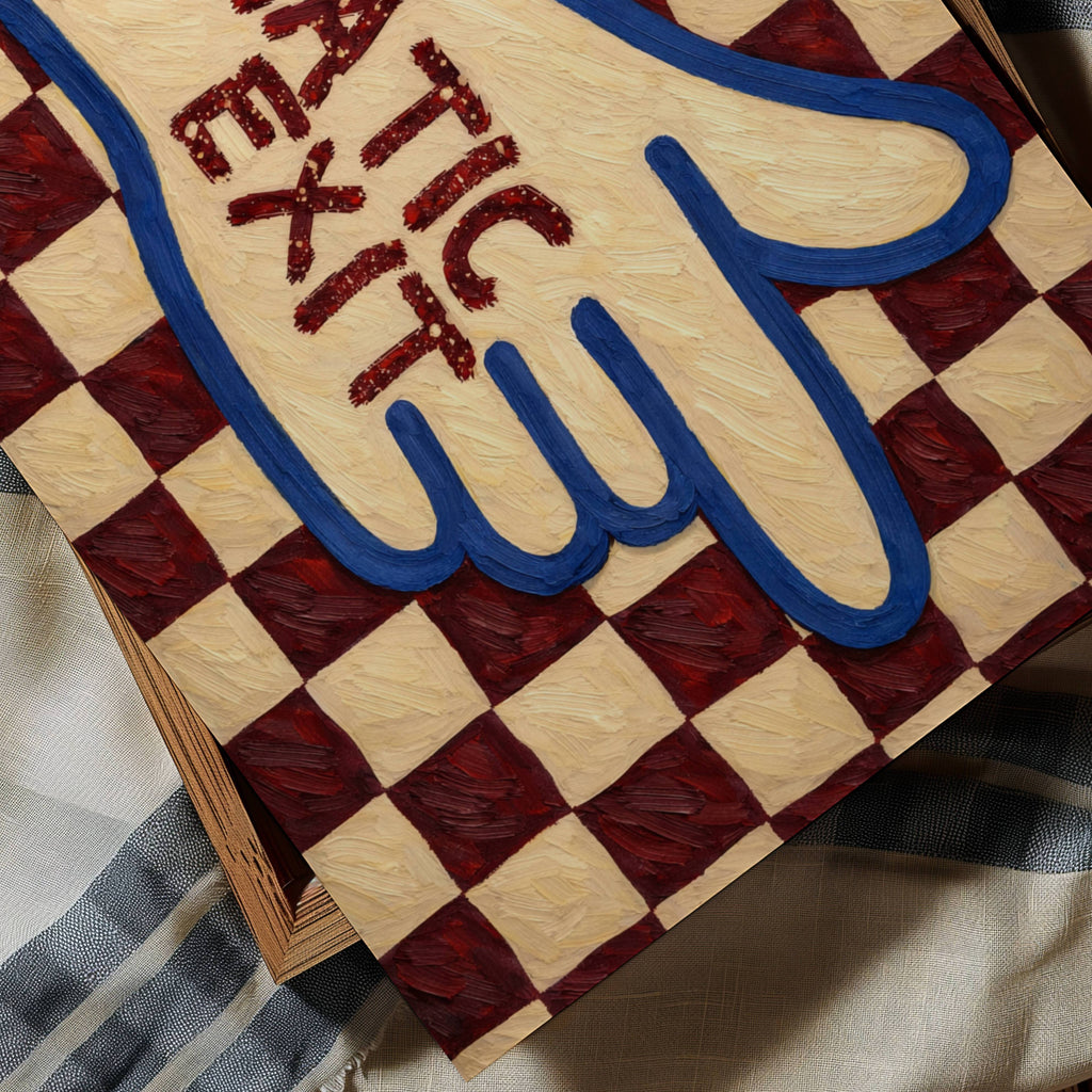 hand drawn Playful typography print with the phrase "Dramatic Exit" on a retro checkerboard pattern in burgundy, on textured oil painting canva. This is a hand drawn trendy typography wall art print ideal for hallway, entryway, living rooms, dorm room decor, gallery walls and playful interiors.