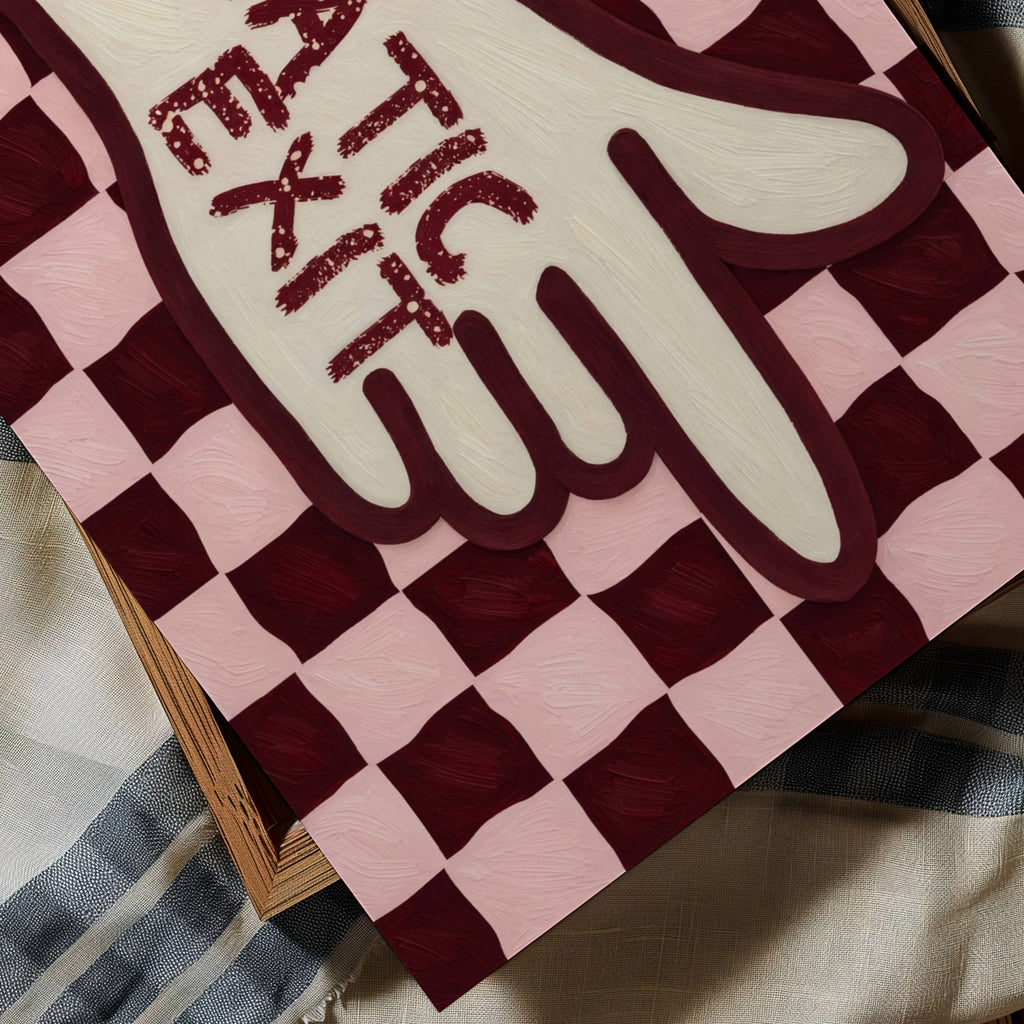 hand drawn Playful typography print with the phrase "Dramatic Exit" on a retro checkerboard pattern in pink and burgundy, on textured oil painting canva. This is a hand drawn trendy typography wall art print ideal for hallway, entryway, living rooms, dorm room decor, gallery walls and playful interiors.