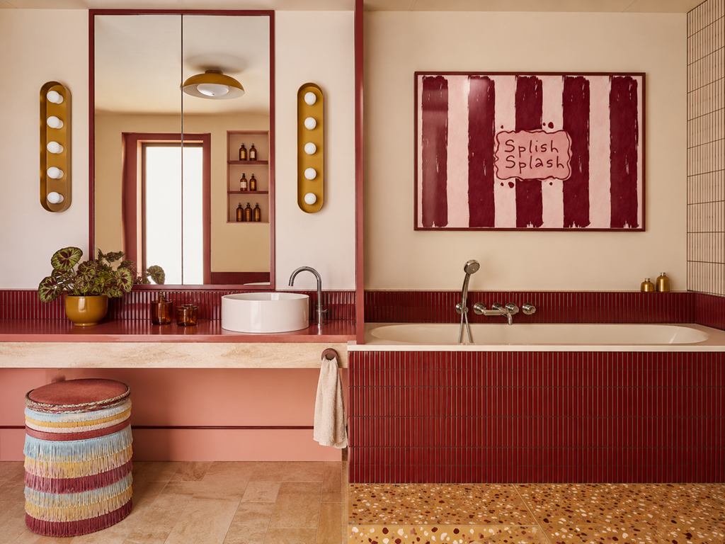 SPLISH SPLASH is a whimsical Retro typography art print designed to bring humour, colour and personality into your bathroom and laundry room. Featuring vintage-inspired Striped patterns and hand-lettered typography, this artwork captures the nostalgic charm while adding a playful decorative touch to modern interiors. this is a hand drawn Retro quote wall art, ideal for bathrooms, laundry room decor, and cheeky playful interiors. Blue burgundy
