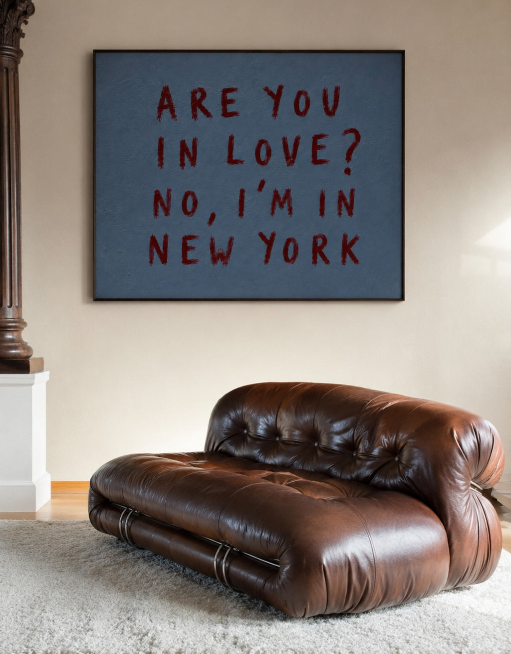 hand drawn trendy location / city  typography print in grafitti style with the quote "ARE YOU IN LOVE? NO, IM IN NEW YORK" in a textured canva. This is a trendy minimalist typography wall art print ideal for above bed, bedrooms, dorm room decor, living rooms and kitchens, gallery walls and playful interiors. The perfect Cool Girl Apartment decor