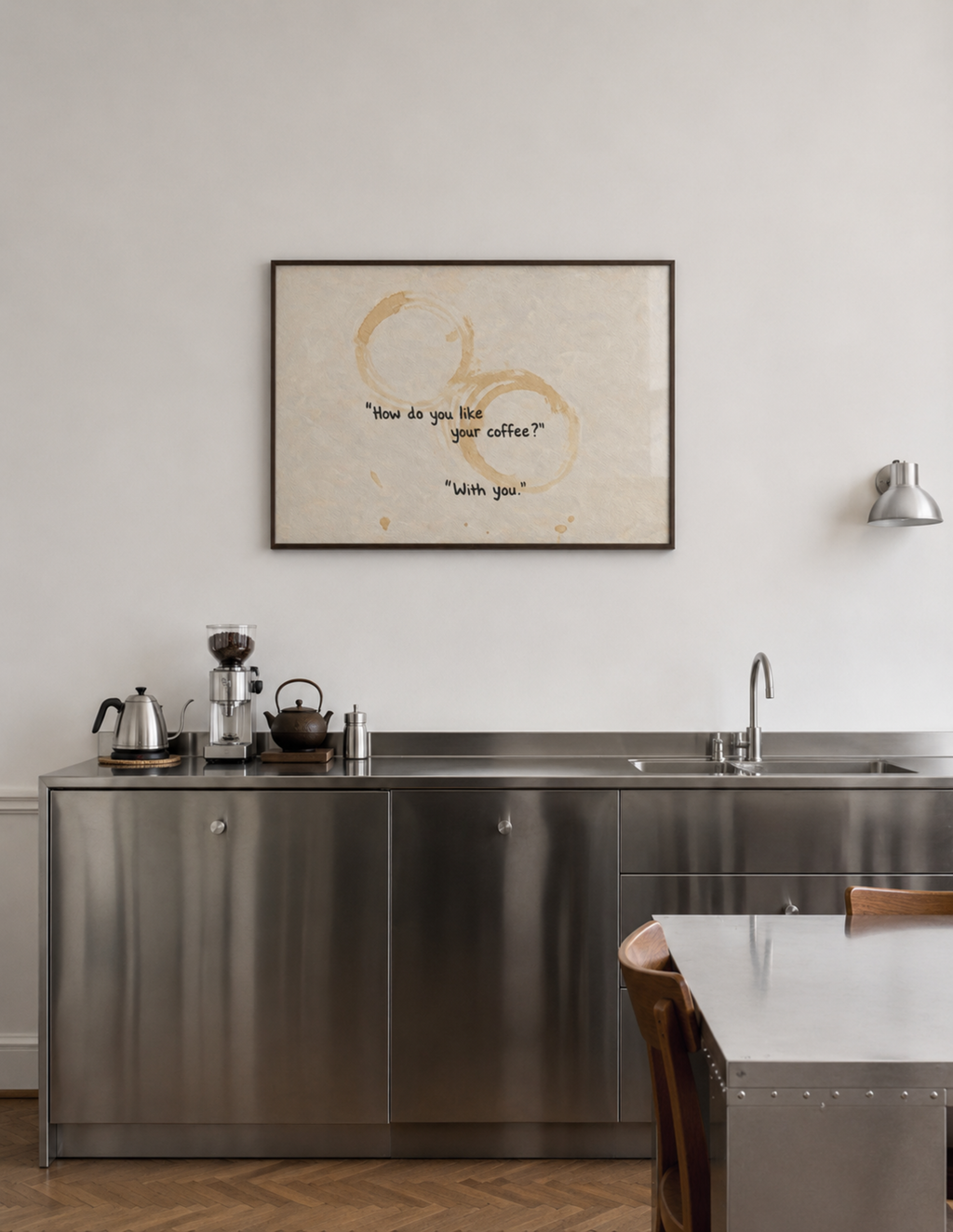 minimal typography Kitchen wall art with quote "How do you like your coffee? with you" with coffee cup stains and hand written text inspired by quiet morning rituals. This is a hand drawn typography kitchen and coffee bar art Print decor for kitchens, dining spaces and coffee corners.