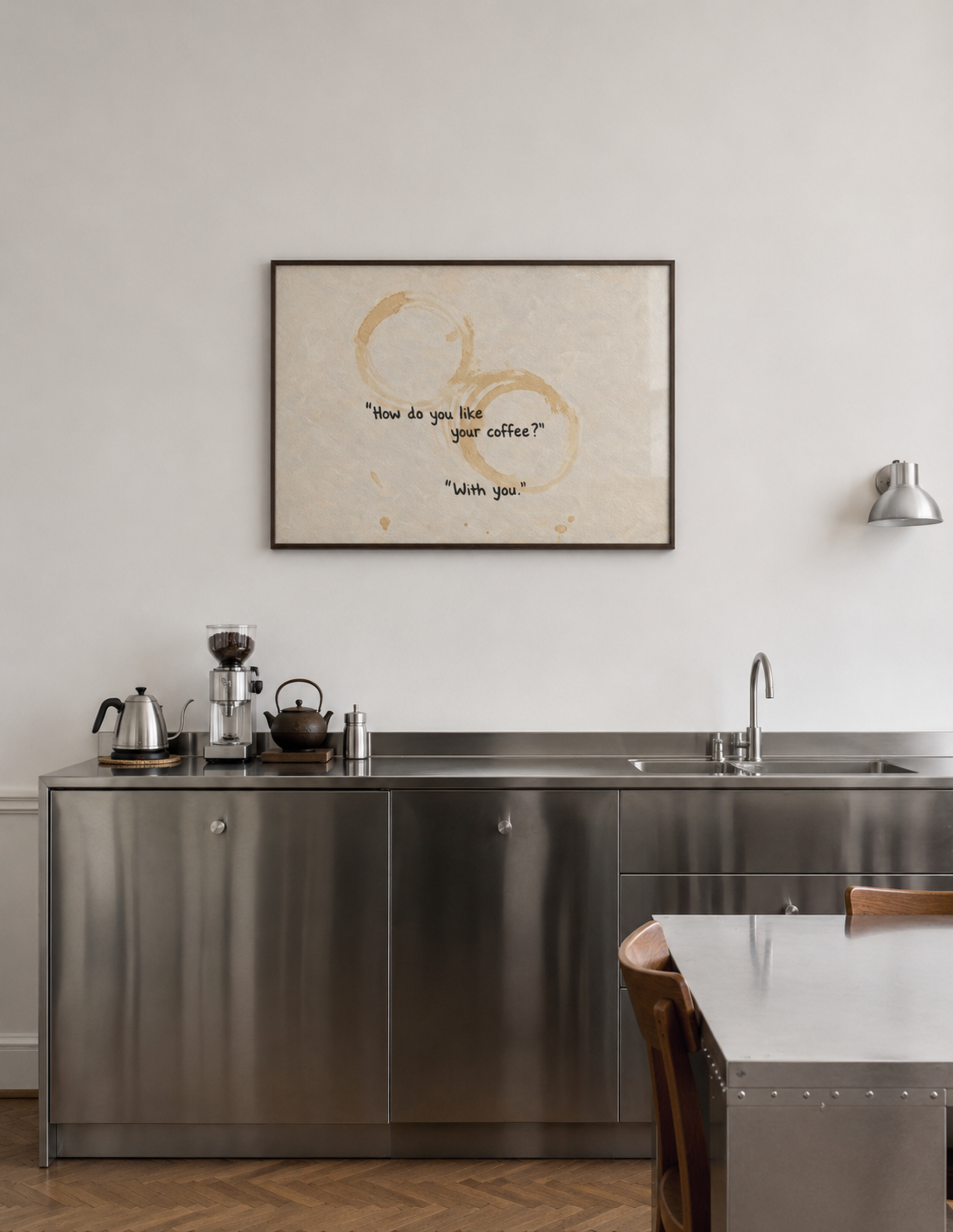 minimal typography Kitchen wall art with quote "How do you like your coffee? with you" with coffee cup stains and hand written text inspired by quiet morning rituals. This is a hand drawn typography kitchen and coffee bar art Print decor for kitchens, dining spaces and coffee corners.