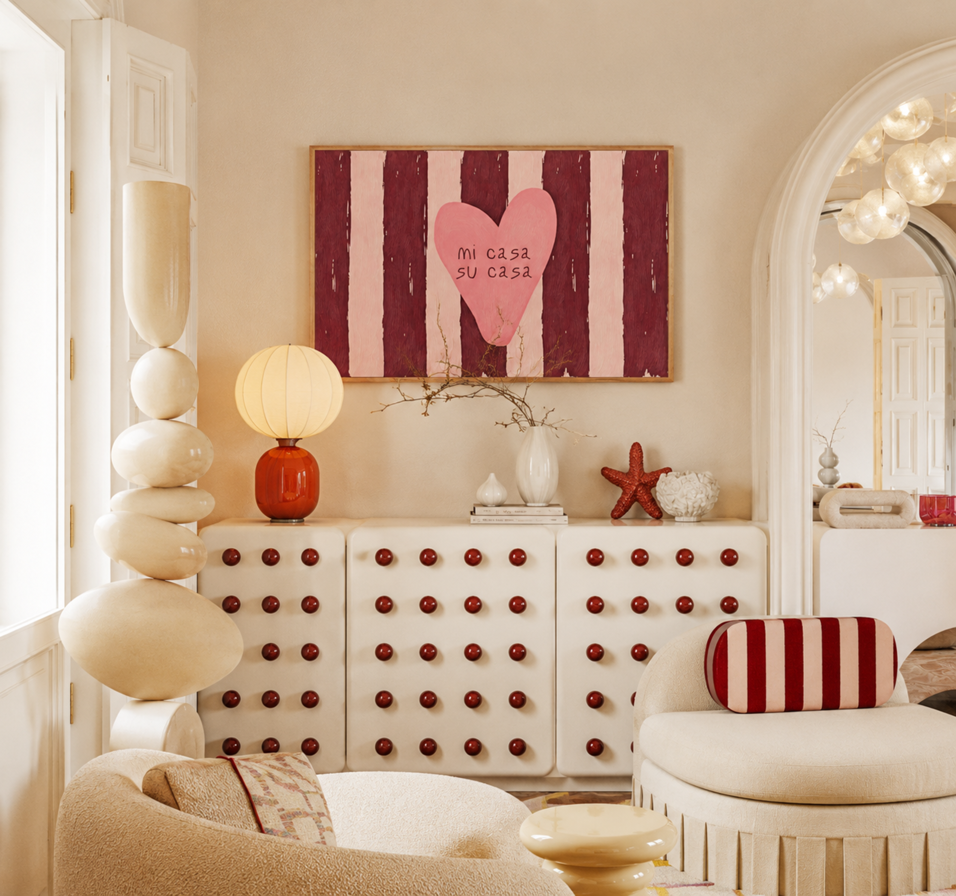 hand drawn Playful typography print with the phrase "mi casa su casa" in striped burgundy and blue, on textured oil painting canva. This is a hand drawn trendy typography wall art print ideal for above bed, bedrooms, dorm room decor, living rooms and kitchens, gallery walls and playful interiors.