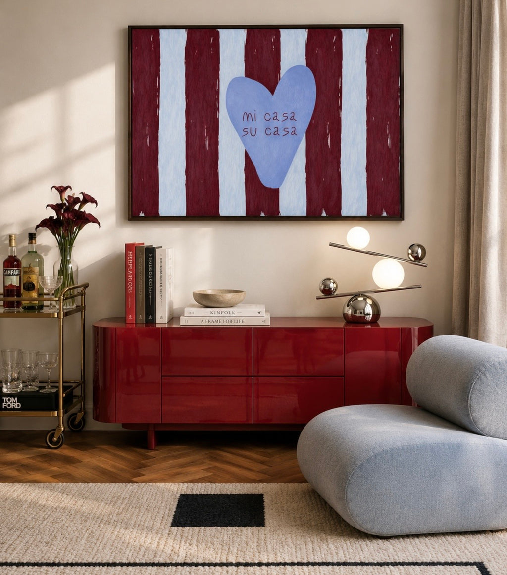 hand drawn Playful typography print with the phrase "mi casa su casa" in striped burgundy and blue, on textured oil painting canva. This is a hand drawn trendy typography wall art print ideal for above bed, bedrooms, dorm room decor, living rooms and kitchens, gallery walls and playful interiors.