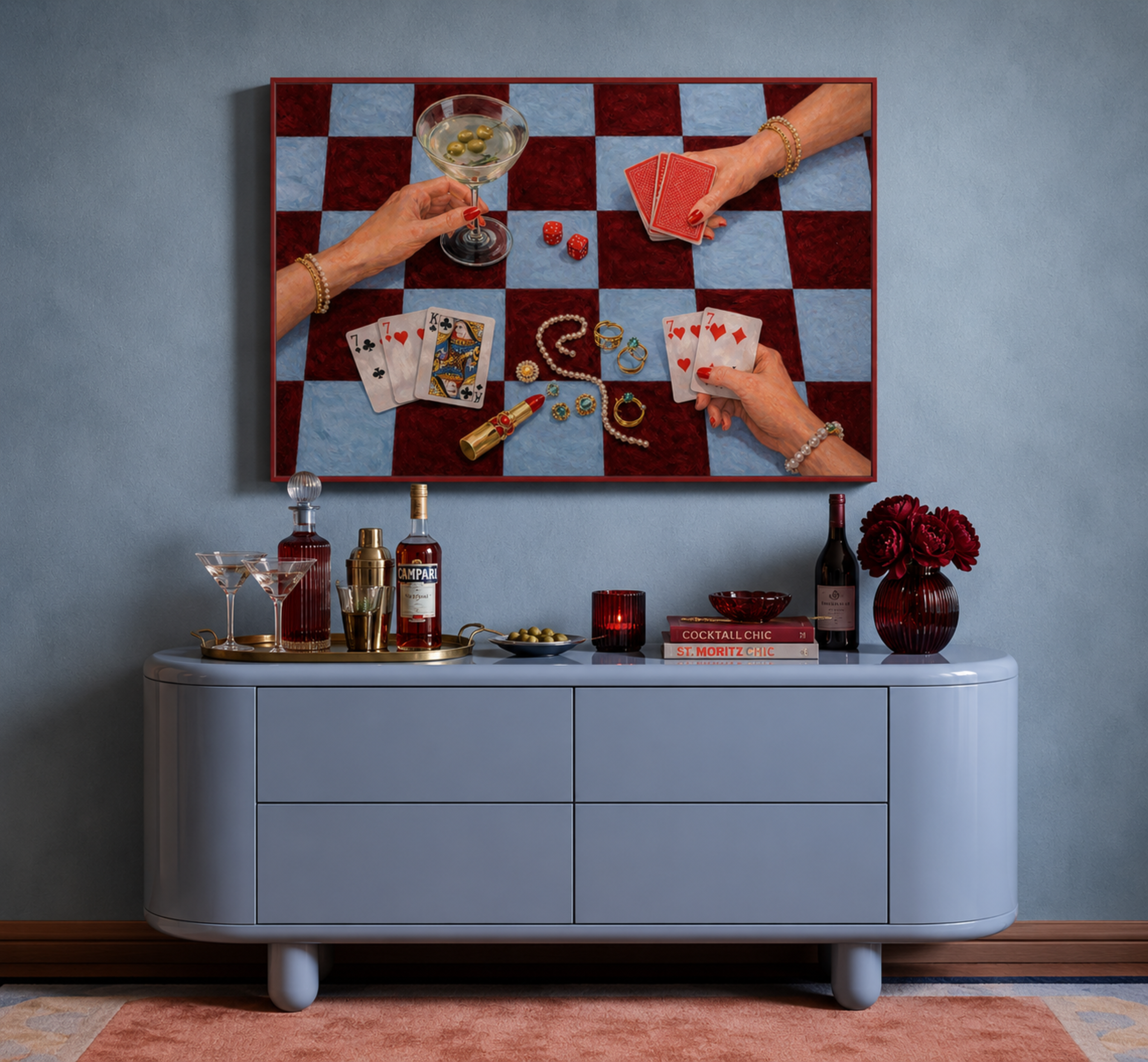 House always wins is a hand painted wall art print featuring a still life table with hands playing card games, in checkerboard khaki and burgundy tones, inspired by Poker Night Casino aesthetic, Martinis and feminine rituals, celebrating poker, pearls and playful luxury. Horizontal poker night casino still life table oil painting wall art print