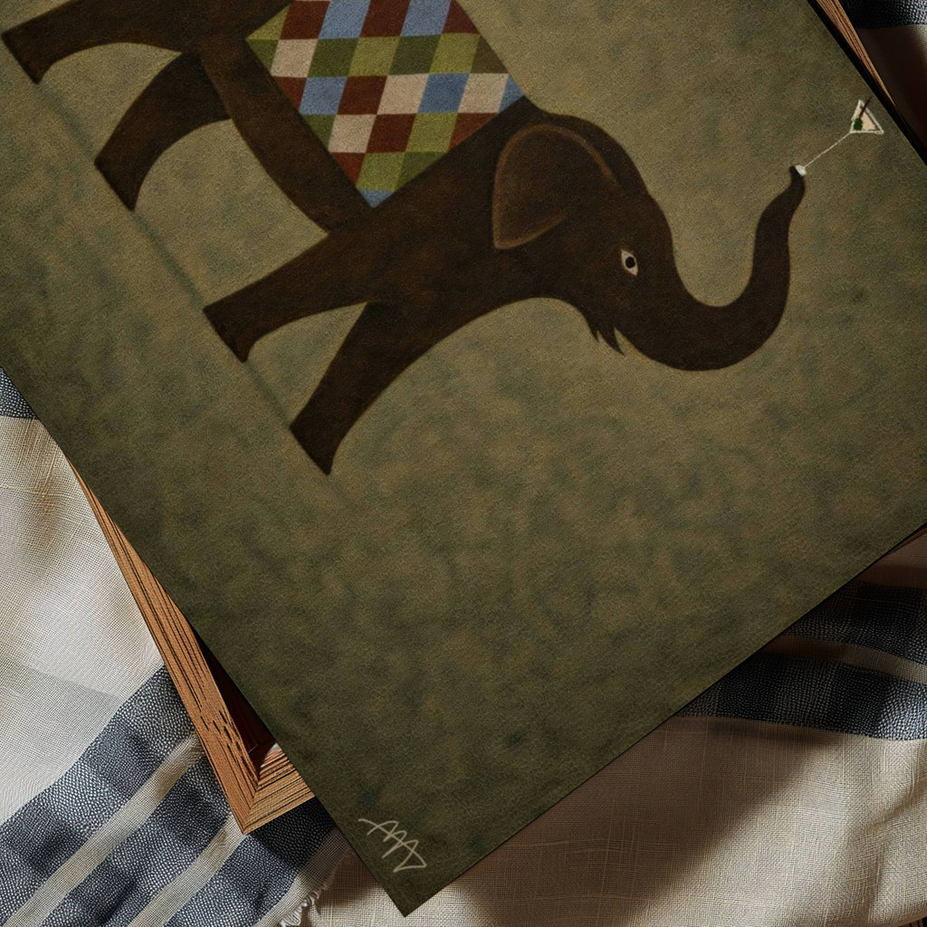 close up of a surreal elephant art print with a martini detail, in earthy khaki tones with a painterly texture. It is a hand drawn oil painting, figurative animal art. contemporary, mid century modern style