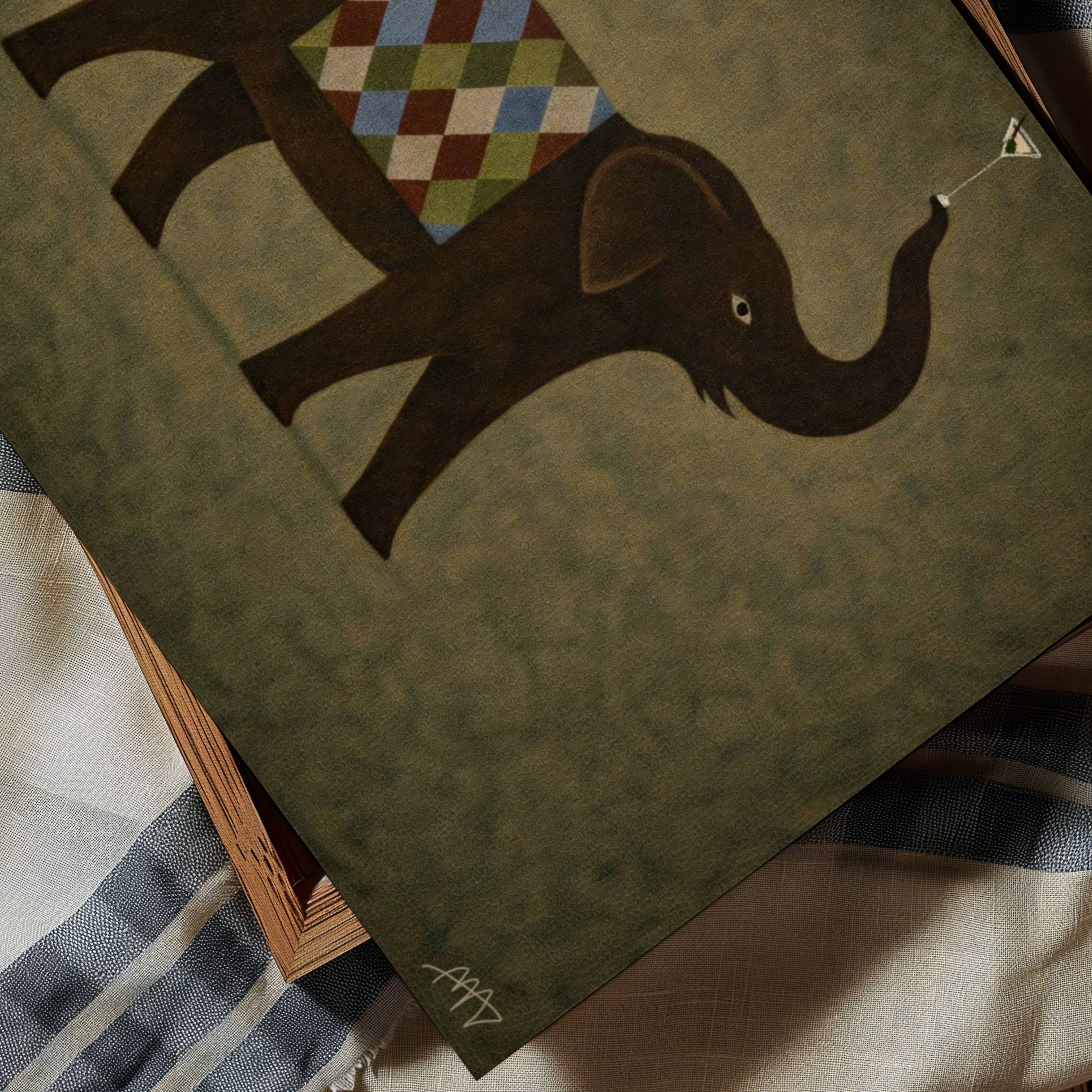 close up of a surreal elephant art print with a martini detail, in earthy khaki tones with a painterly texture. It is a hand drawn oil painting, figurative animal art. contemporary, mid century modern style
