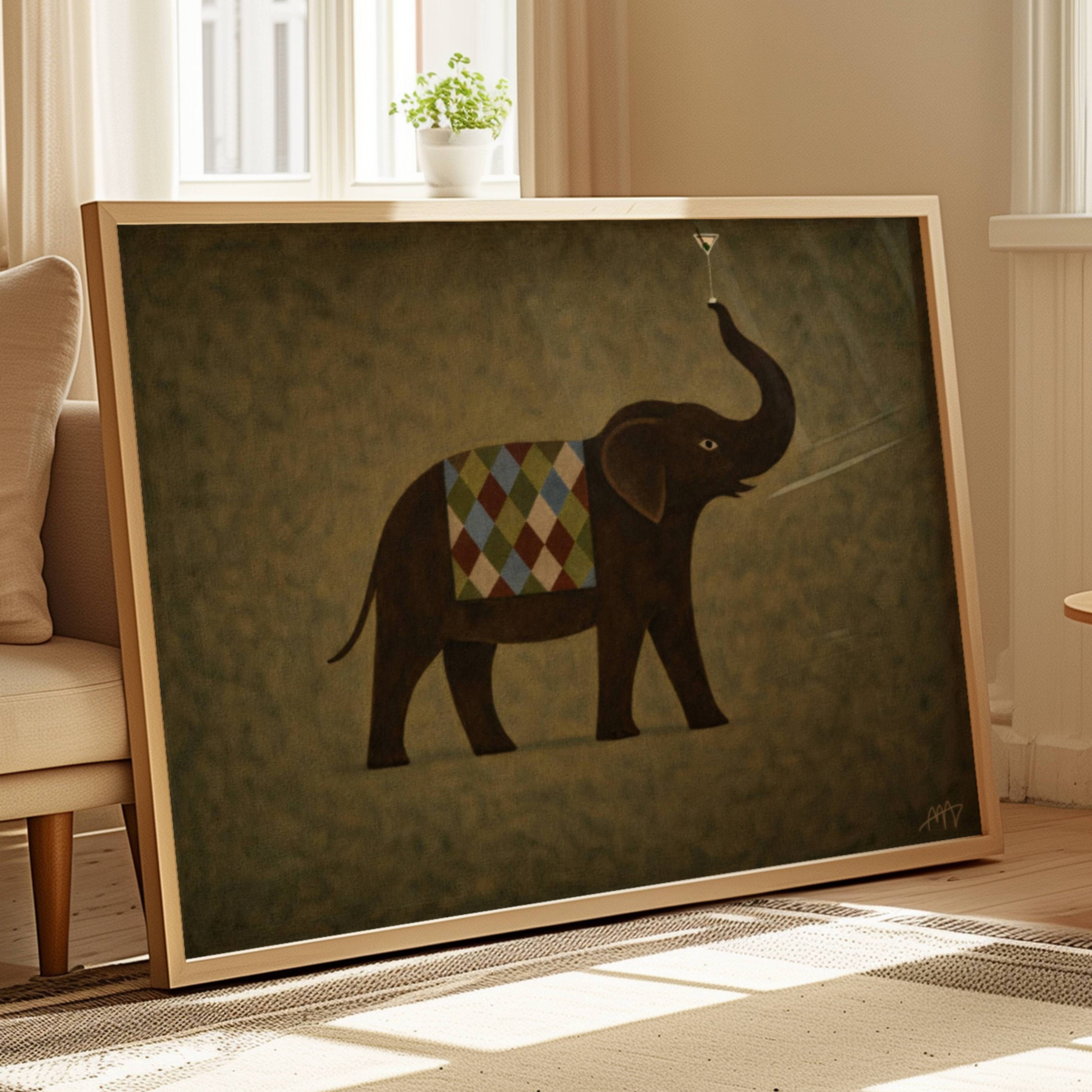 surreal elephant art print with a martini detail, in earthy khaki tones with a painterly texture. It is a hand drawn oil painting, figurative animal art. contemporary, mid century modern style
