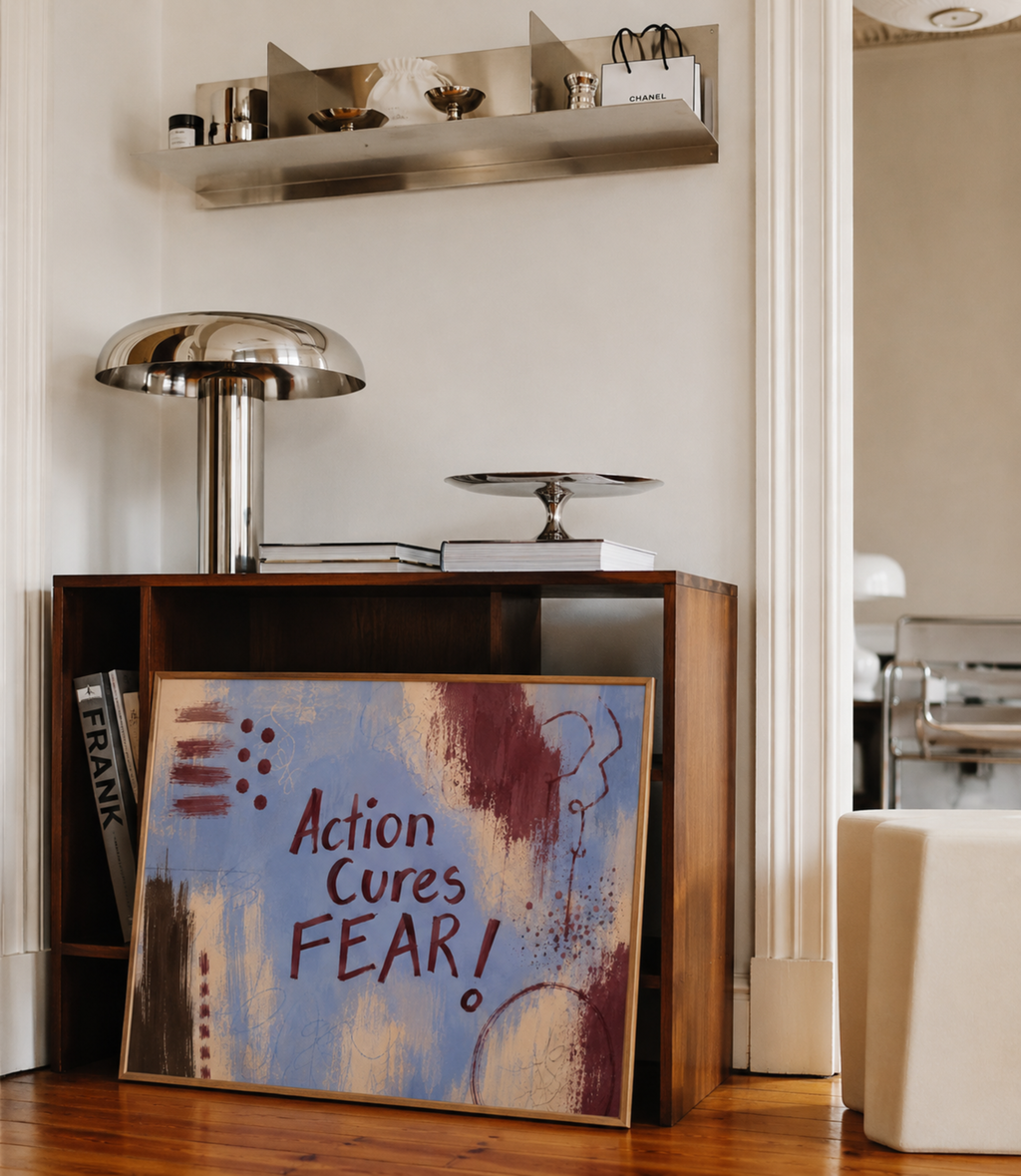 hand drawn Trendy typography abstract print with the motivational quote "ACTION CURES FEAR" in a textured abstract painted canva in blue and ruby colors. This is a trendy grafitti style typography wall art print ideal for above bed, bedrooms, dorm room decor, living rooms and kitchens, gallery walls and playful interiors. The perfect Cool Girl Apartment decor