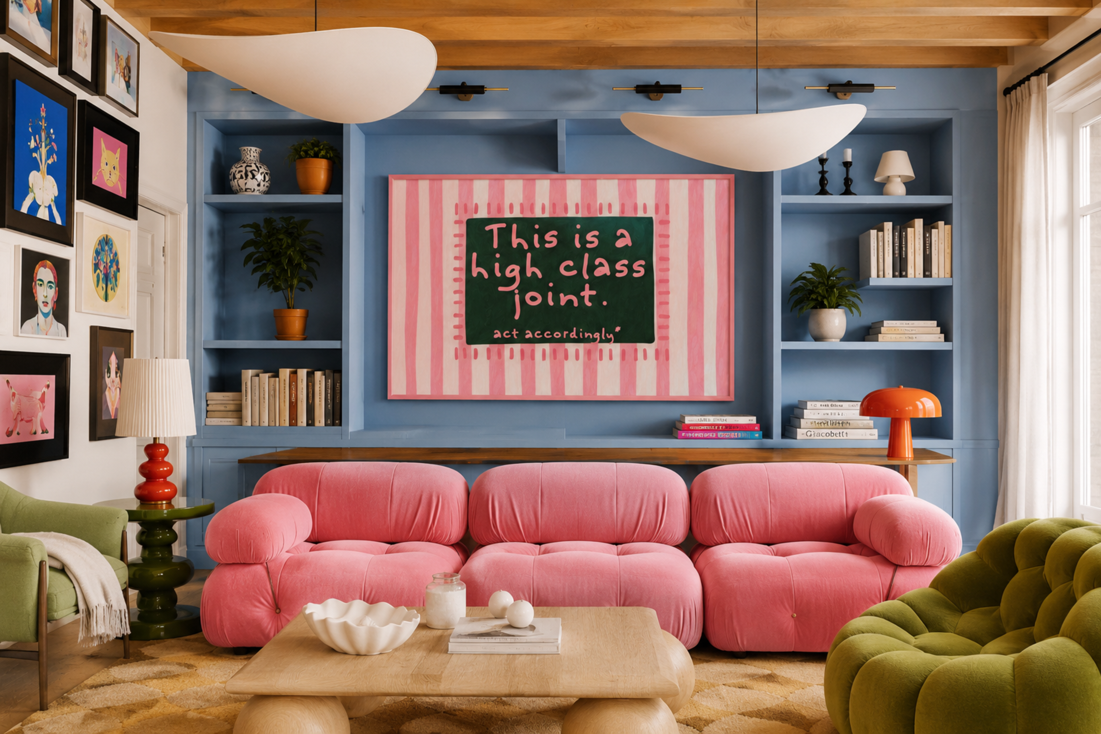 hand drawn Playful funny typography print with the phrase "this is a high class joint, act accordingly" in a retro striped khaki and ruby burgundy, on textured oil painting canva. This is a hand drawn trendy typography ideal for above bed, bedrooms, dorm room decor, living rooms and kitchens, gallery walls and playful interiors.