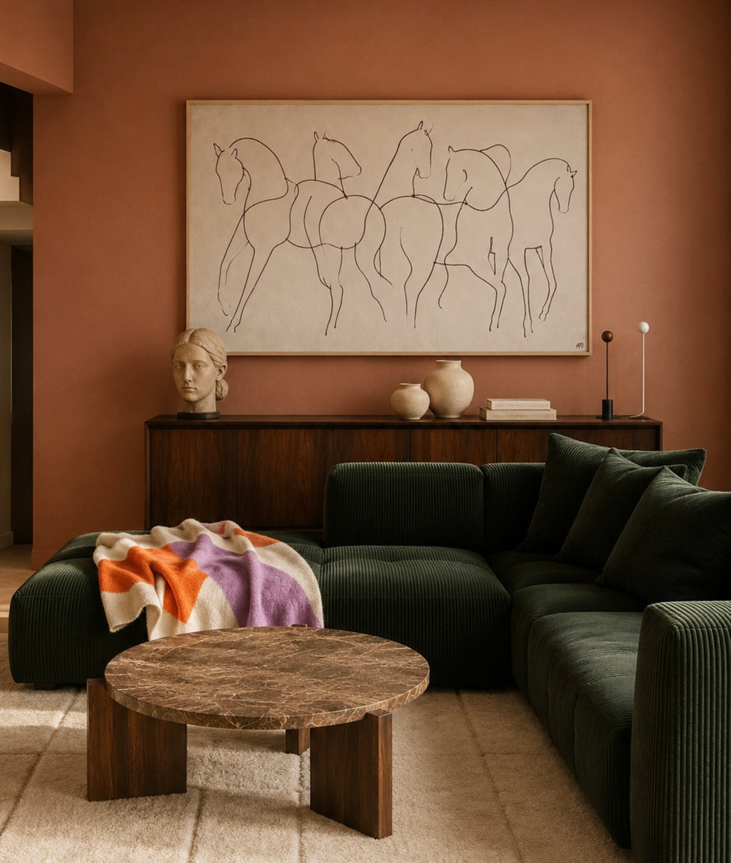 Wild hearts cant be broken is a hand drawn minimalist wall art print with abstract horse figures in a Line Drawing art, on a textured neutral background. Delicate continuous lines intertwine to create a herd in motion, capturing the feeling of untamed spirit and effortless elegance, contemporary and timeless, this piece evokes childhood obsessions, long summers and the beauty of horses.