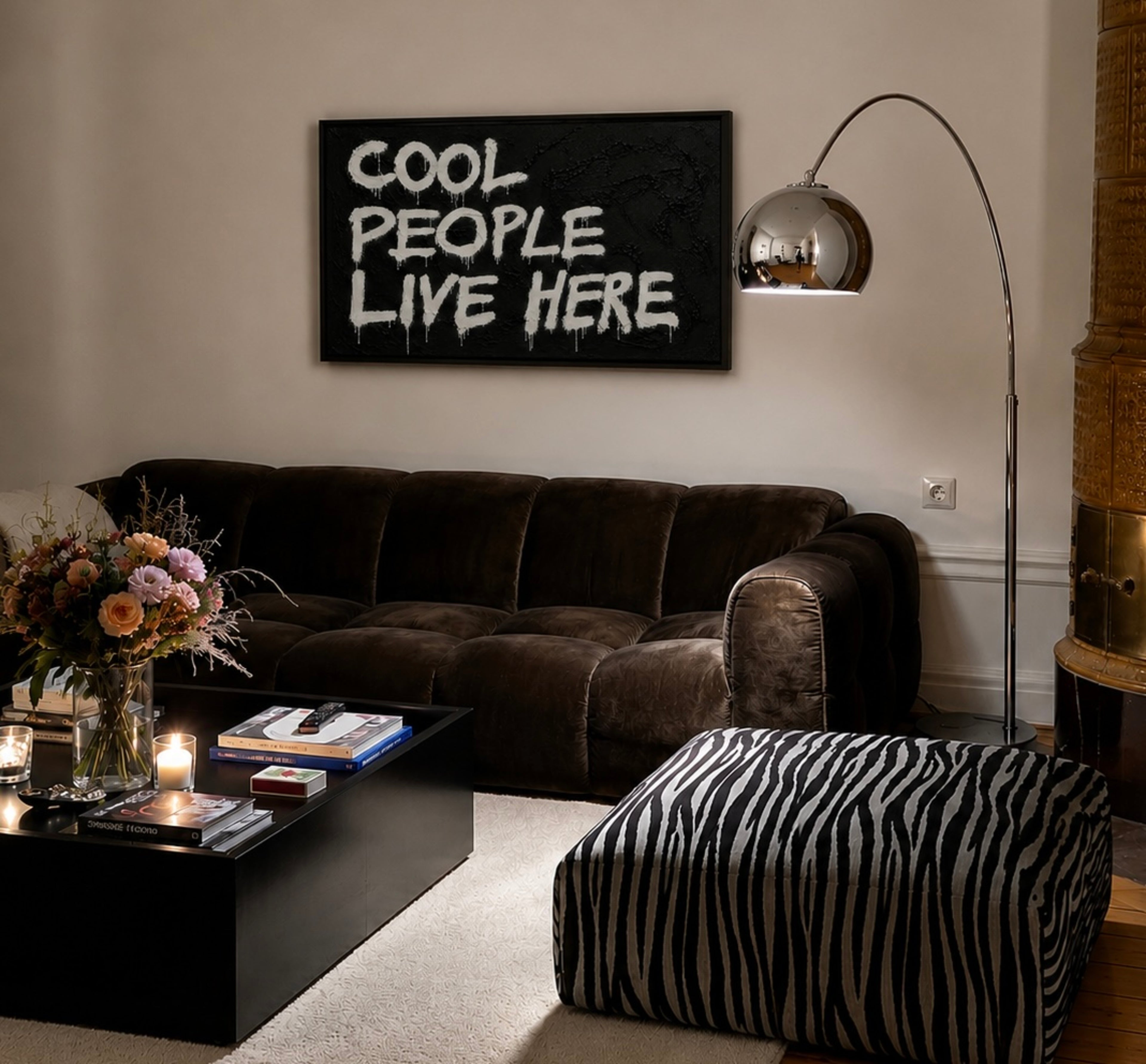 hand drawn Trendy typography print in grafitti style with the quote "COOL PEOPLE LIVE HERE" in a textured Black canva. This is a trendy minimalist typography wall art print ideal for above bed, bedrooms, dorm room decor, living rooms and kitchens, gallery walls and playful interiors. The perfect Cool Girl Apartment decor
