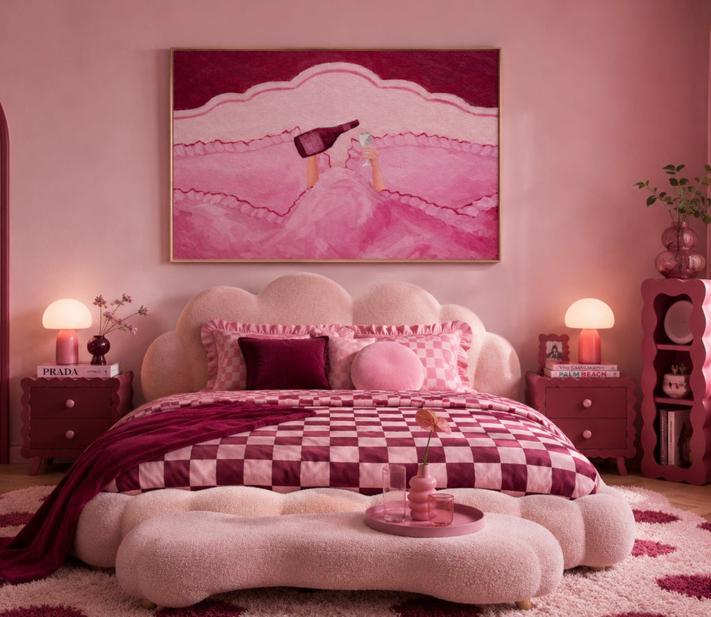 Not tonight, society is a hand painted wall art print featuring hands holding wine beneath layered bedding, in pink and ruby burgundy tones, inspired by slow mornings and nostalgic interiors, symbolizing quiet luxury and unhurried mornings. Horizontal funny feminine girly above bed oil painting wall art print . sunday morning aesthetic intimate wall art