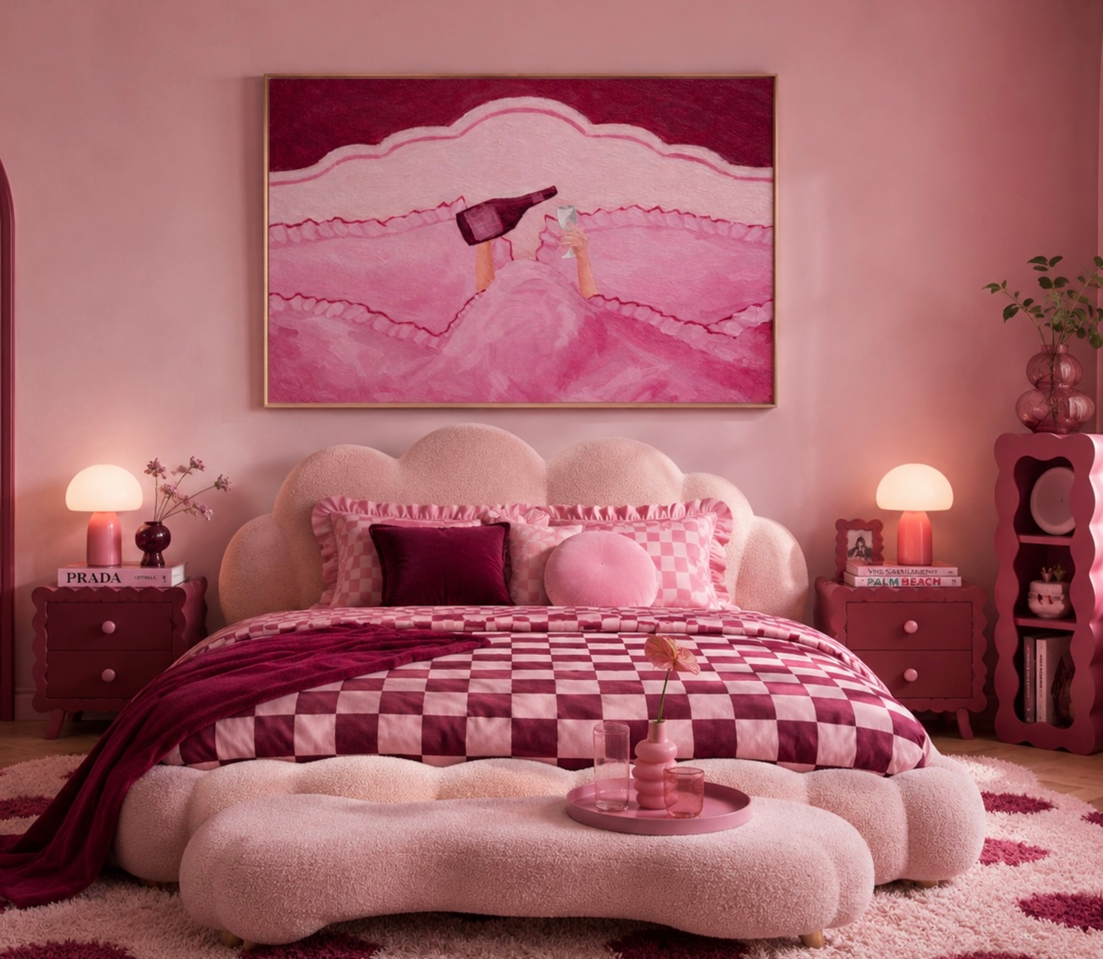 Not tonight, society is a hand painted wall art print featuring hands holding wine beneath layered bedding, in pink and ruby burgundy tones, inspired by slow mornings and nostalgic interiors, symbolizing quiet luxury and unhurried mornings. Horizontal funny feminine girly above bed oil painting wall art print . sunday morning aesthetic intimate wall art
